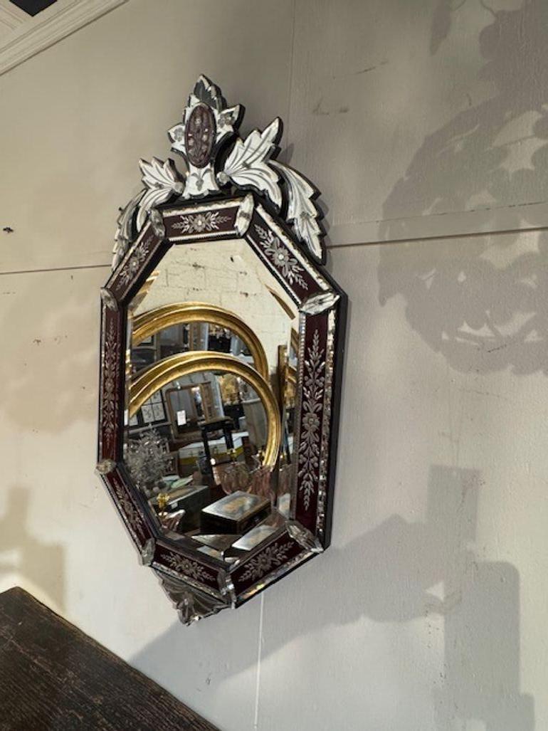 20th Century Antique Venetian Etched and Red Glass Mirror For Sale