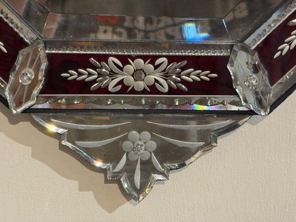 Antique Venetian Etched and Red Glass Mirror For Sale 1