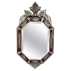 Antique Venetian Etched and Red Glass Mirror