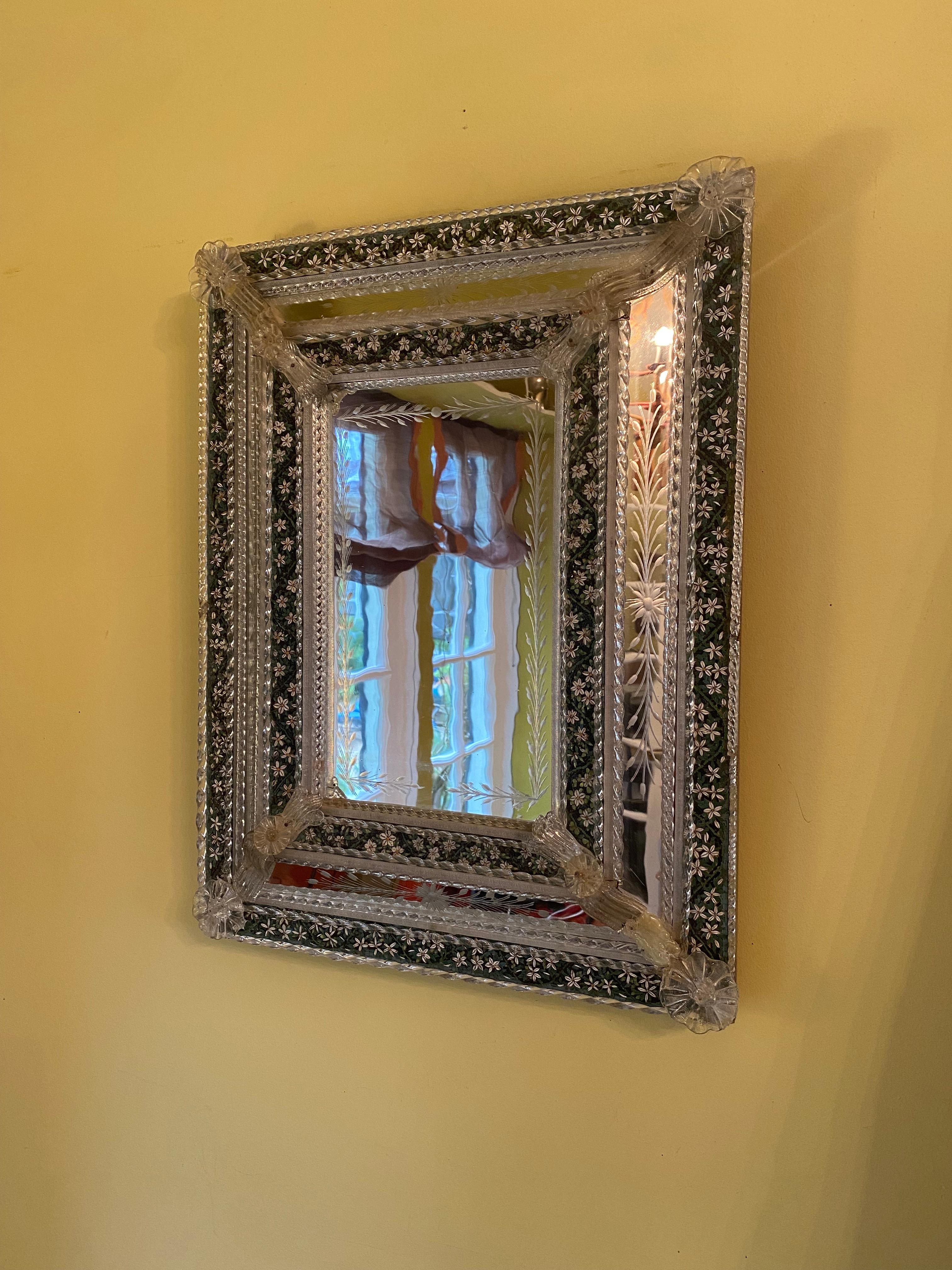 Beveled Antique Venetian Etched Glass Mirror with Pate de Verre Micro Mosaic For Sale