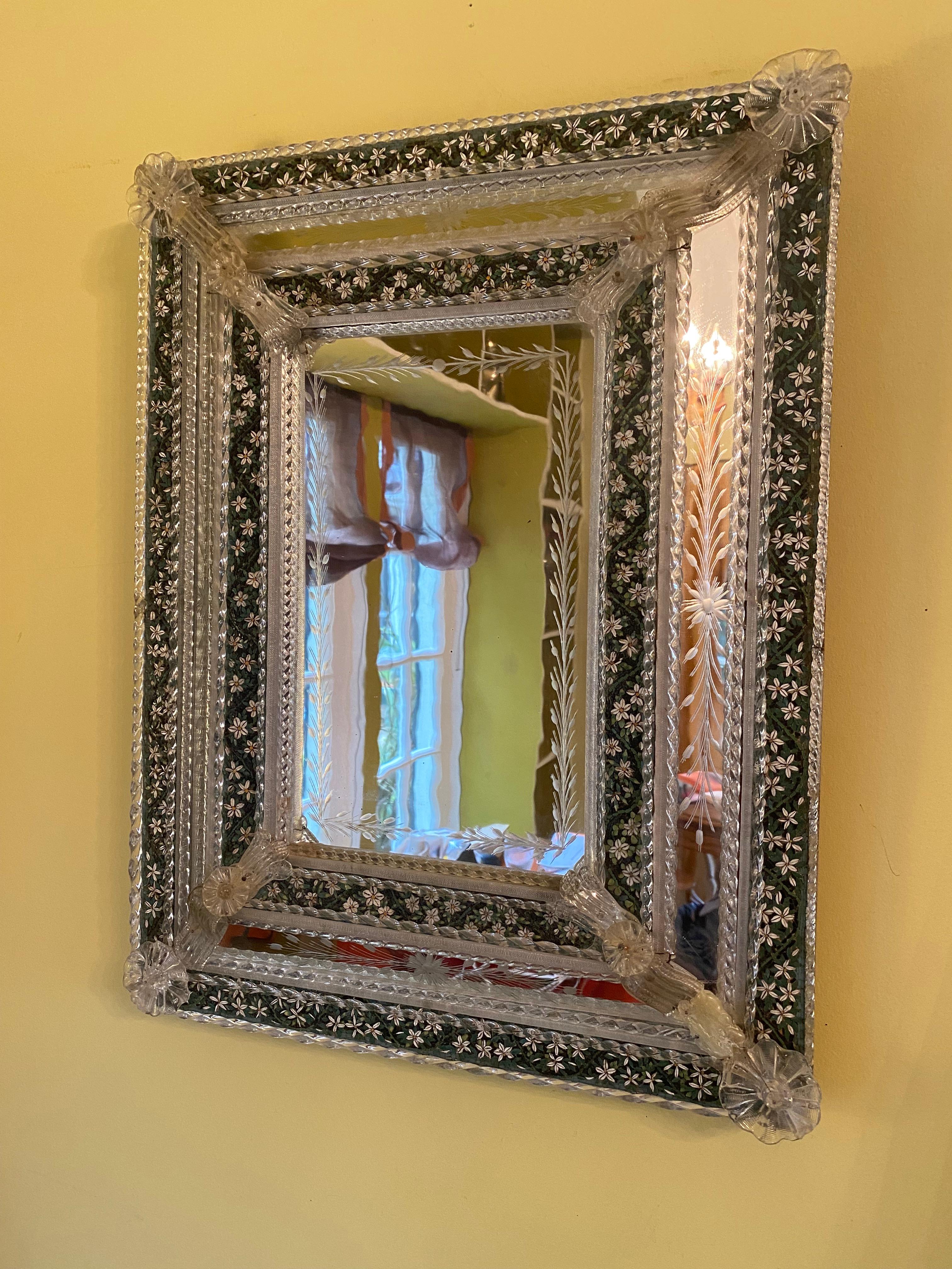 Italian Antique Venetian Etched Glass Mirror with Pate de Verre Micro Mosaic For Sale