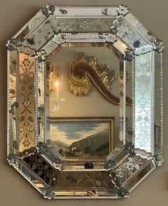 Antique Venetian Etched Glass Octagonal Cushion Mirror