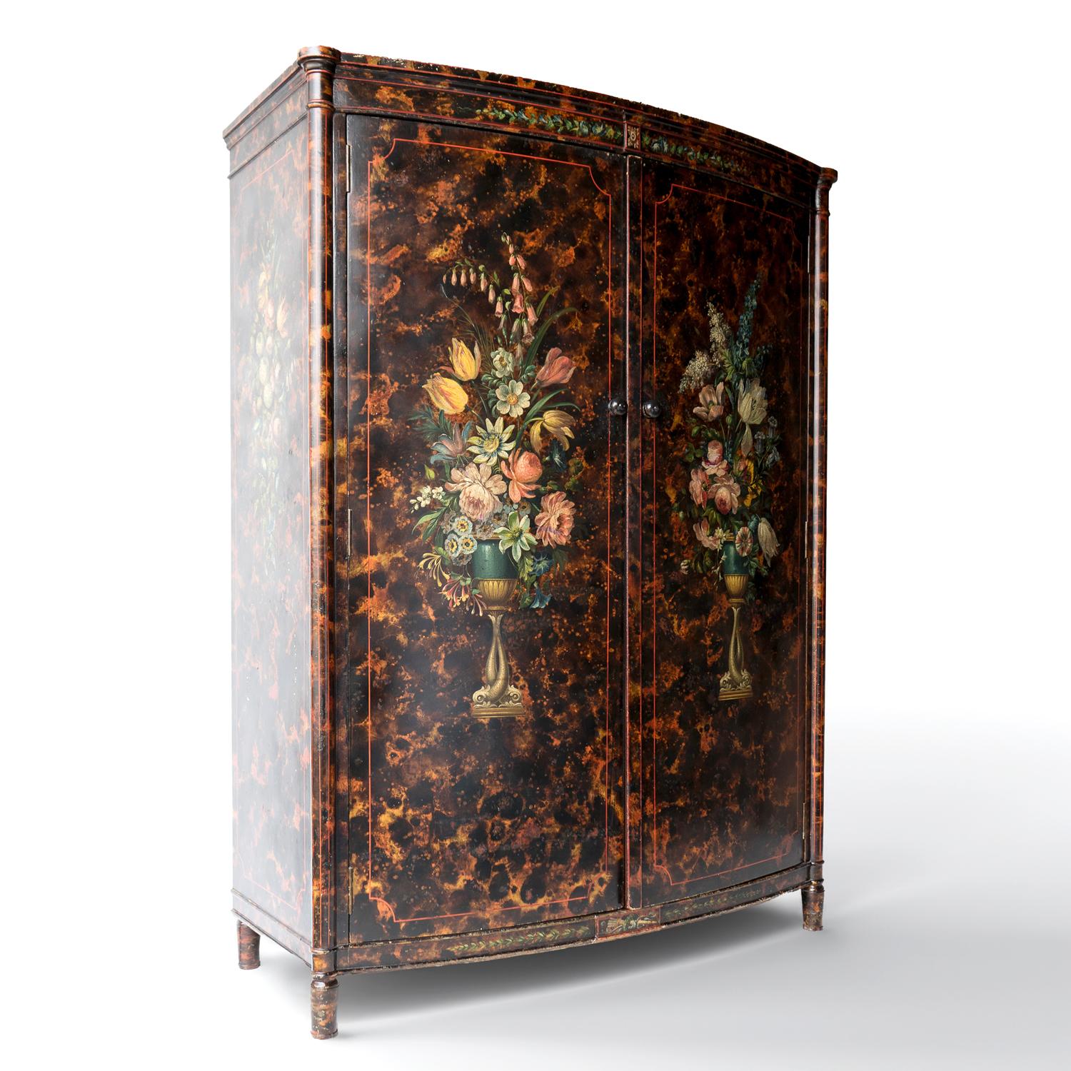 Italian Antique Venetian Faux Tortoiseshell And Floral Painted Wardrobe