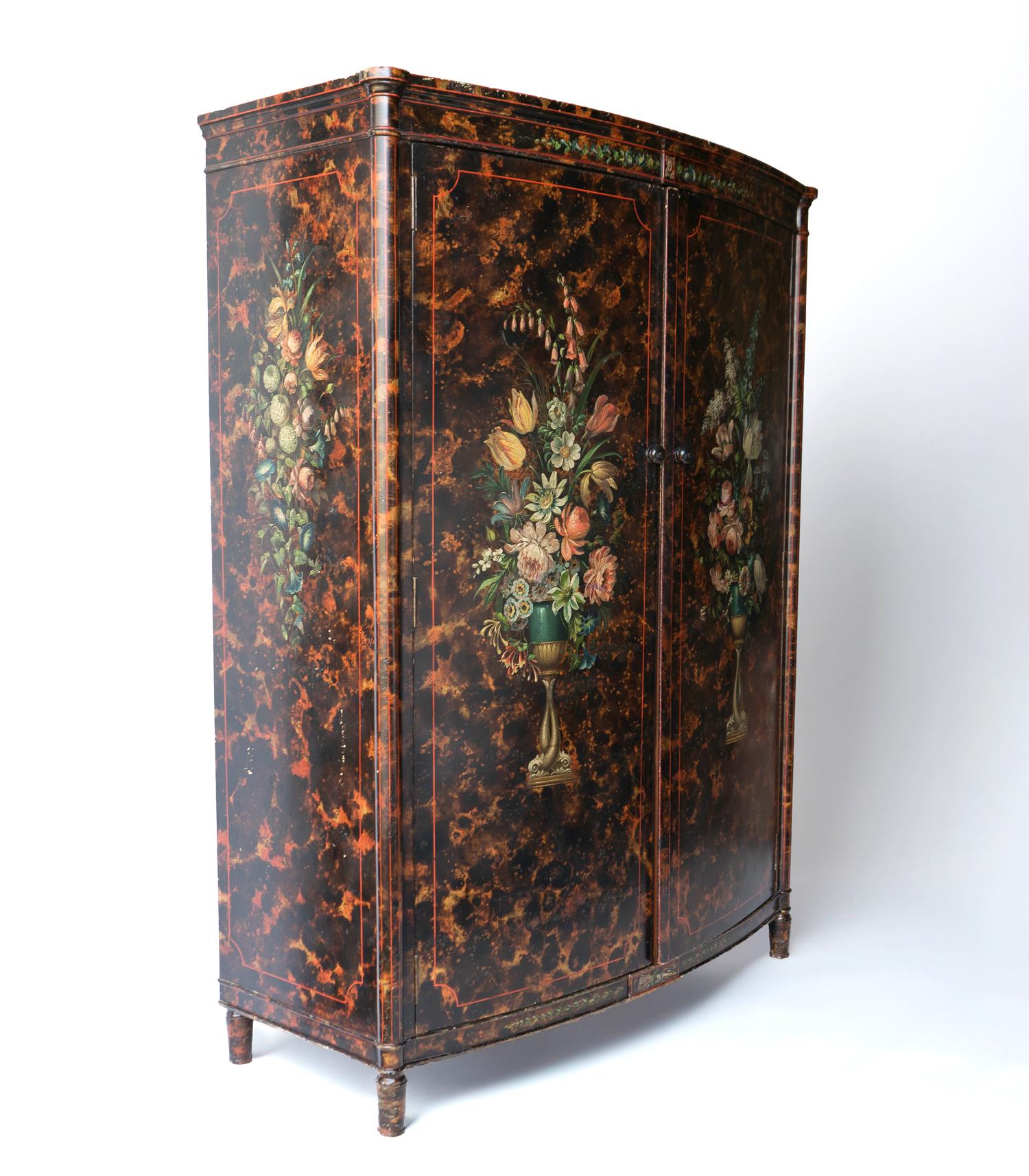 Hand-Painted Antique Venetian Faux Tortoiseshell And Floral Painted Wardrobe