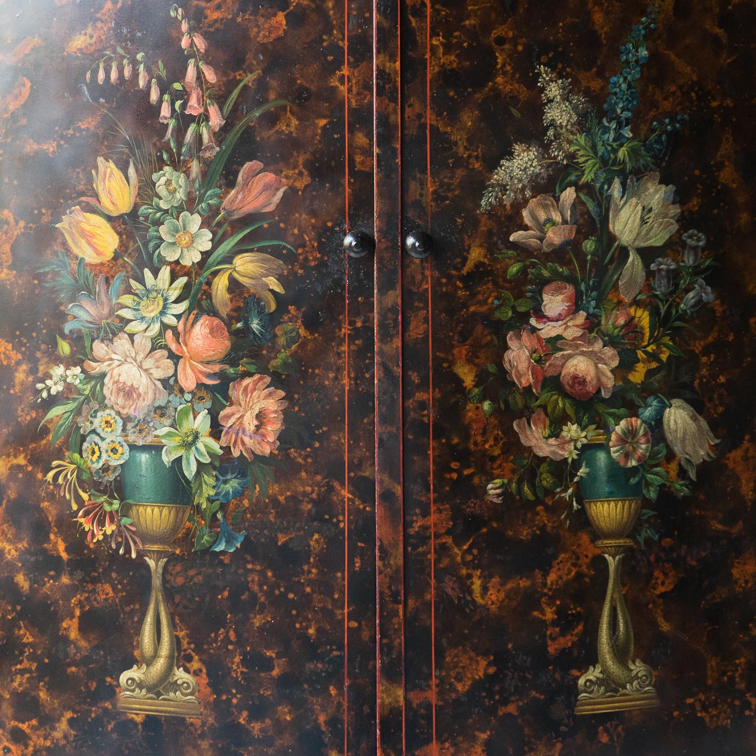 20th Century Antique Venetian Faux Tortoiseshell And Floral Painted Wardrobe
