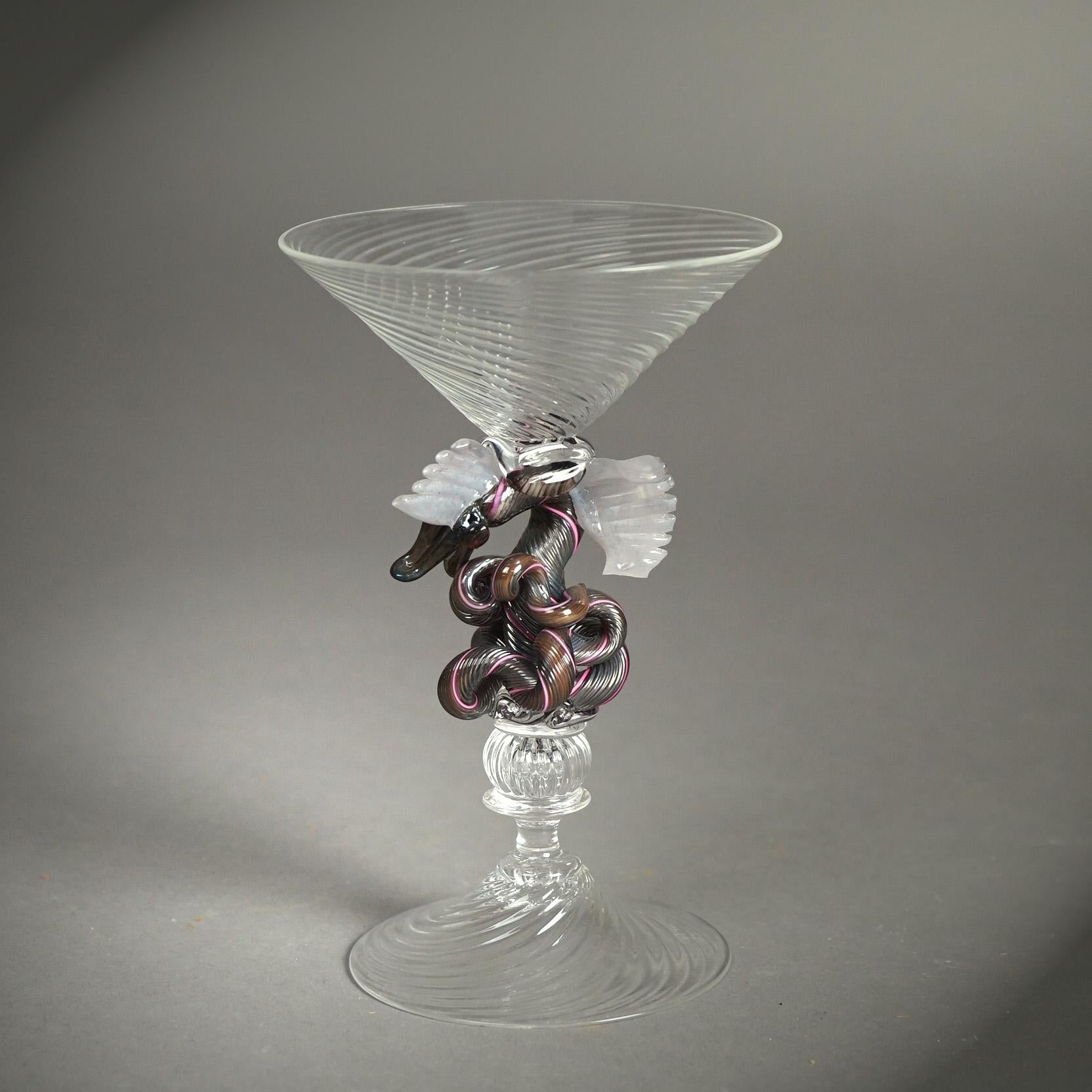 Arts and Crafts Venetian Figural Dragon Art Glass Goblet by Wm Gudenrath 20th C For Sale