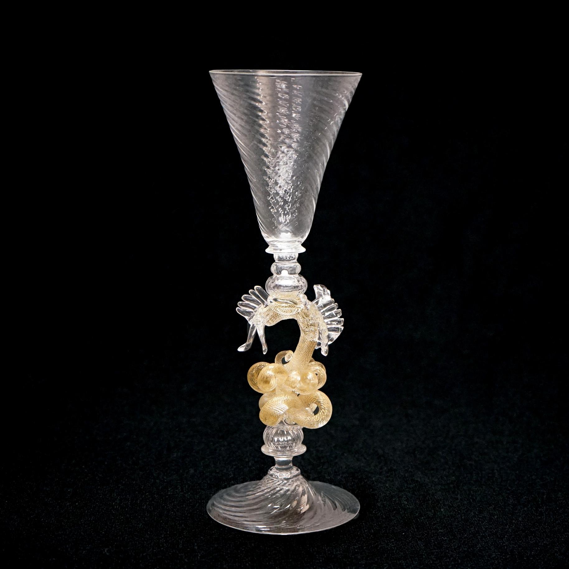 Antique Venetian Figural Dragon Art Glass Goblet by Wm Gudenrath Circa 1920 In Good Condition In Big Flats, NY