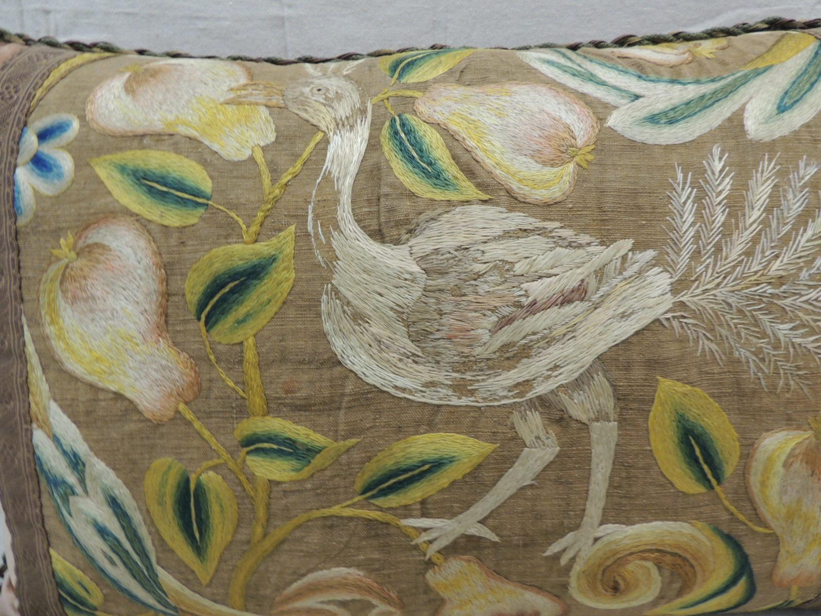 Baroque Antique Venetian Floral and Bird Embroidered Large Bolster Decorative Pillow