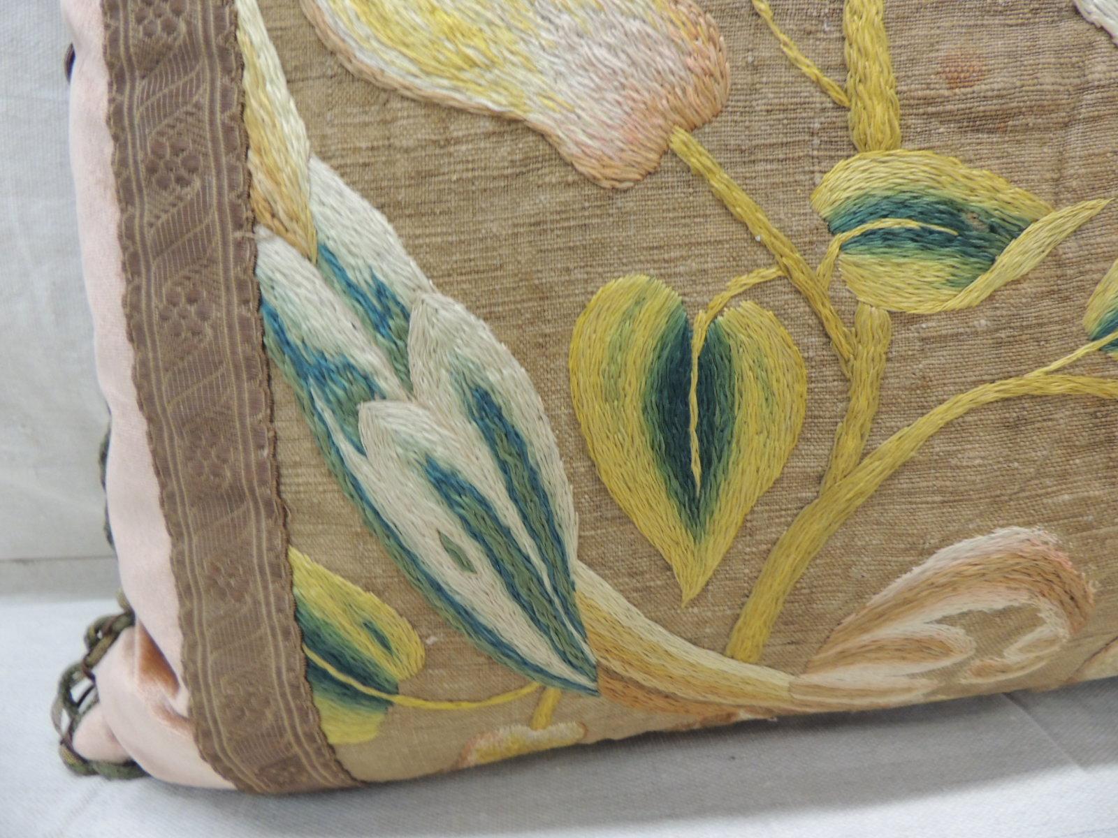 Italian Antique Venetian Floral and Bird Embroidered Large Bolster Decorative Pillow