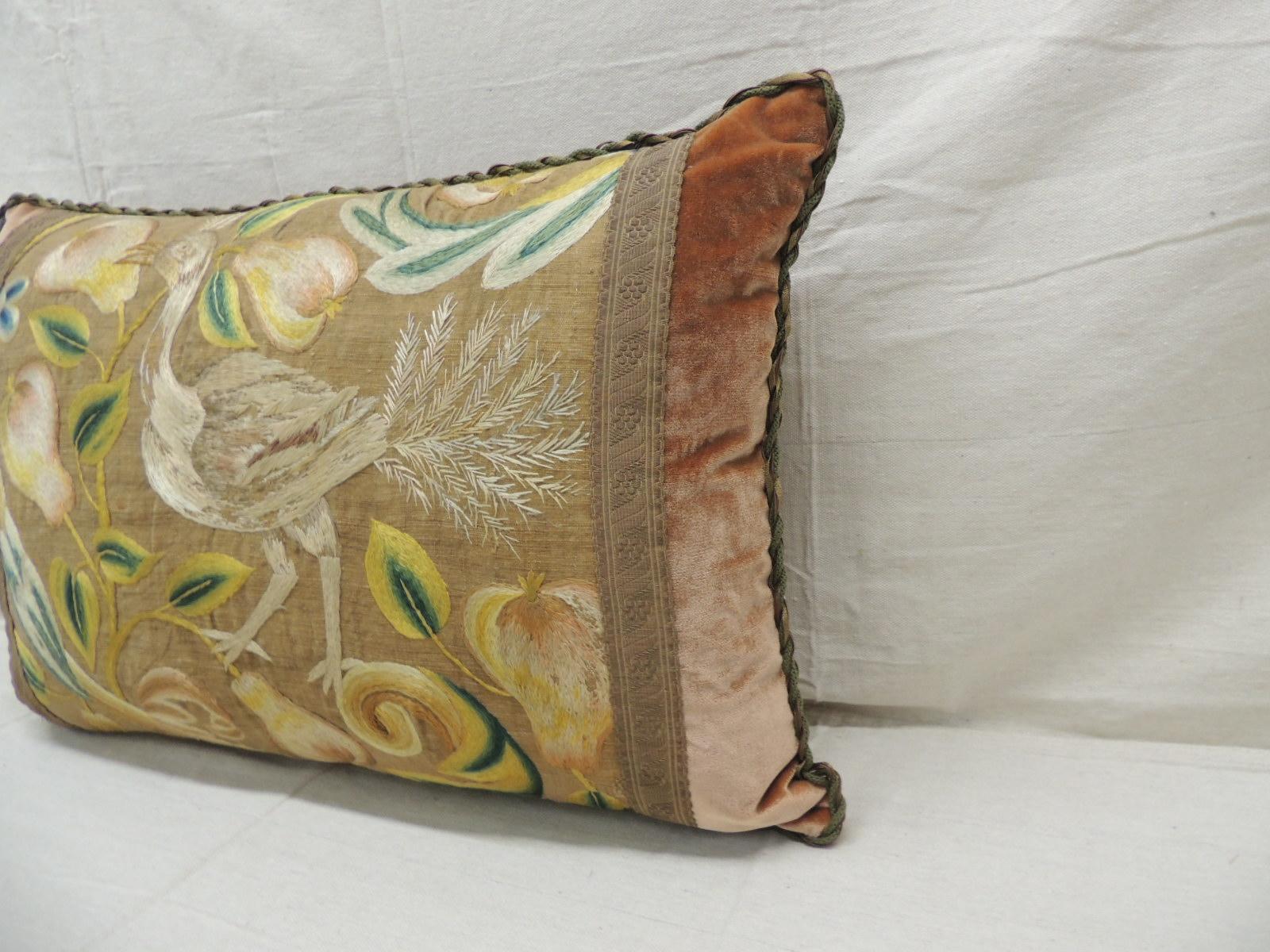 Hand-Crafted Antique Venetian Floral and Bird Embroidered Large Bolster Decorative Pillow