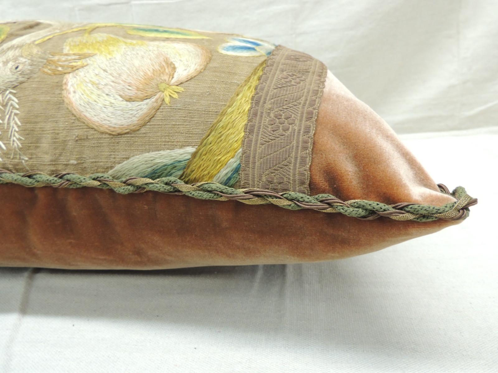 19th Century Antique Venetian Floral and Bird Embroidered Large Bolster Decorative Pillow