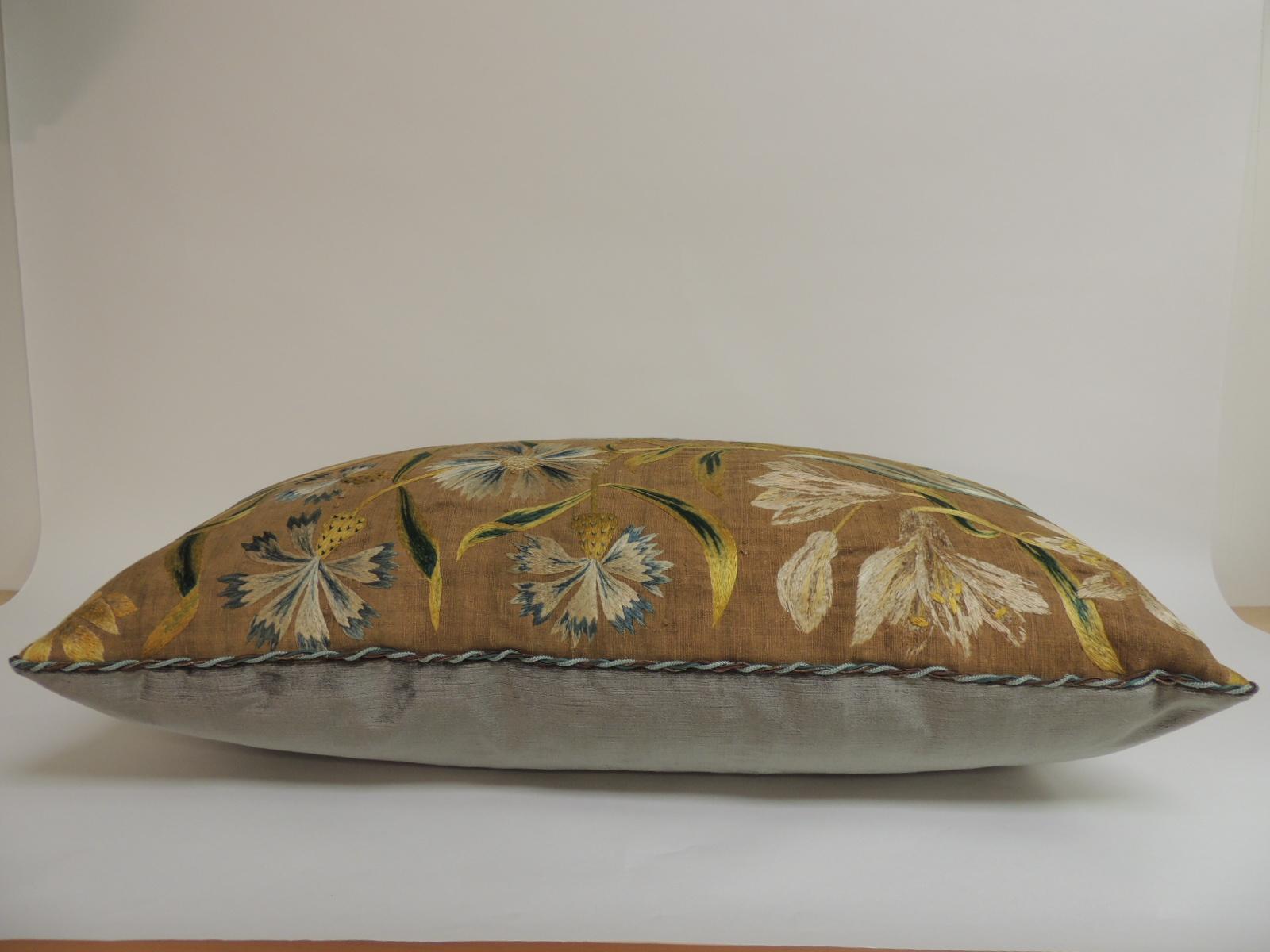 Antique Venetian Floral Embroidered Large Bolster Decorative Pillow In Good Condition In Oakland Park, FL