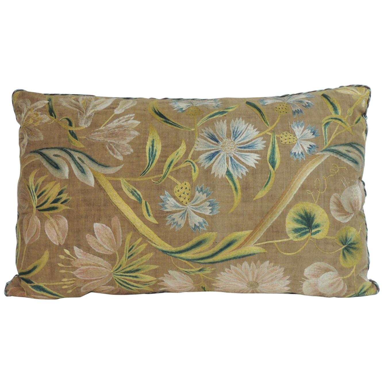 Antique Venetian Floral Embroidered Large Bolster Decorative Pillow