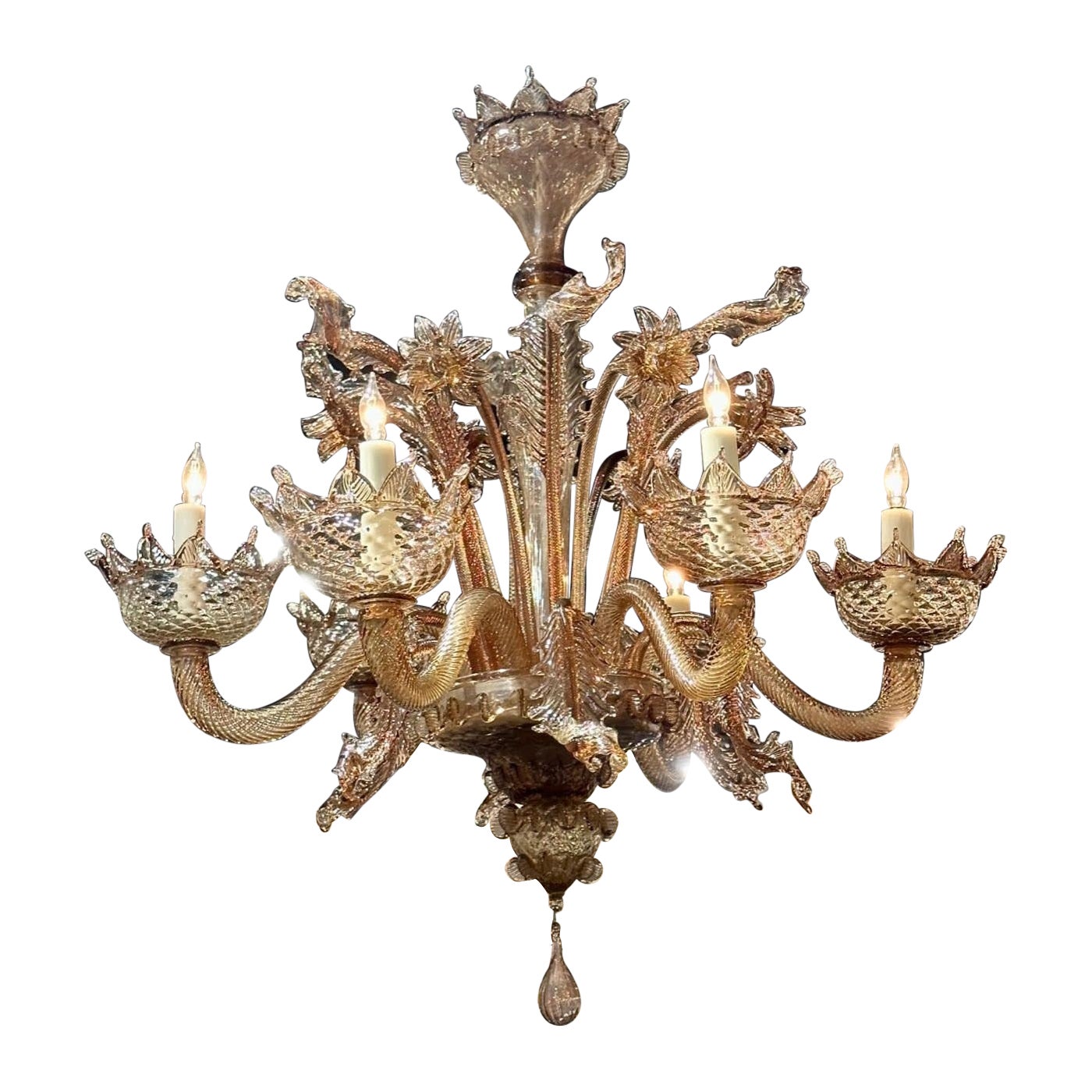 Antique Venetian Glass Chandelier with Rose Colored Glass