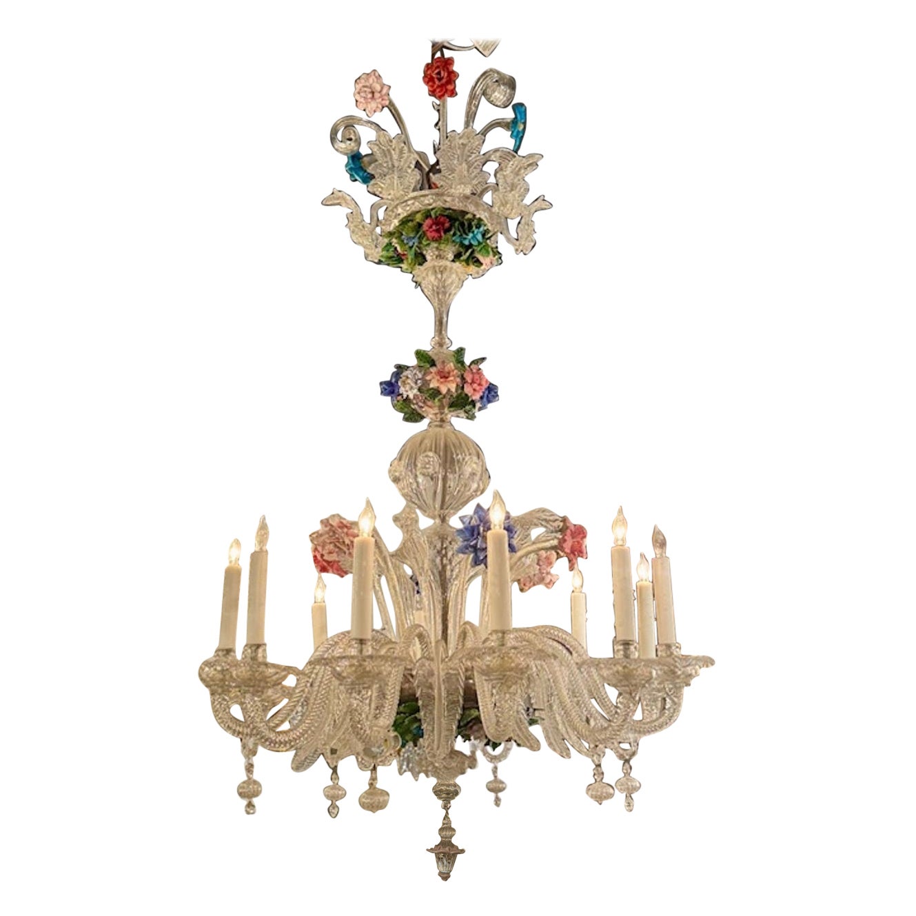 Antique Venetian Glass Multi-Colored Chandelier with 12 Lights For Sale