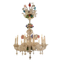 Antique Venetian Glass Multi-Colored Chandelier with 12 Lights
