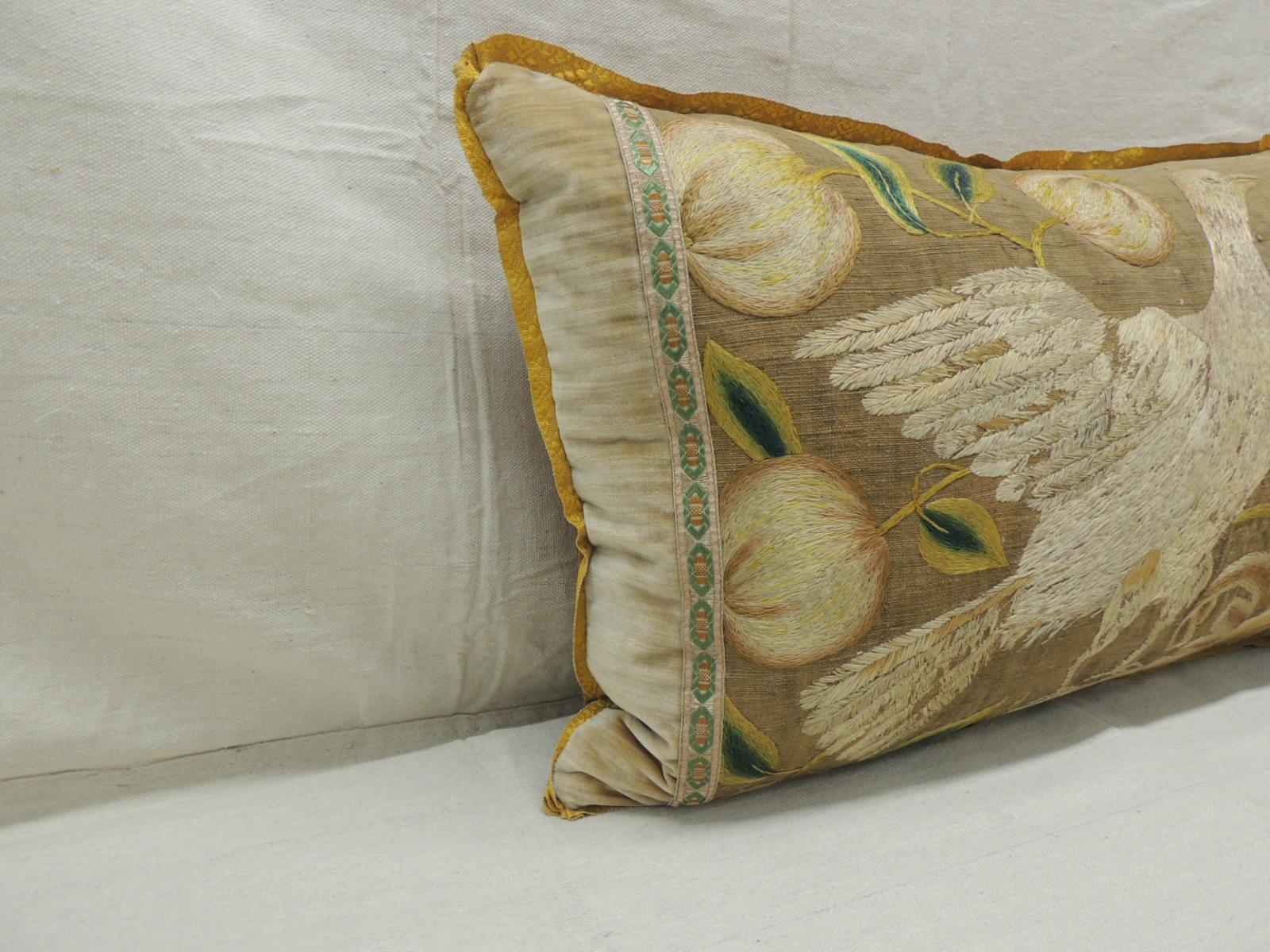 Antique Venetian gold and green floral embroidered bolster decorative pillow.
Italian floral silk floss thread embroidered on linen.
Embellish with antique gold trim.
Framed with antique strie tan tone-on-tone silk velvet panels.
In shades of