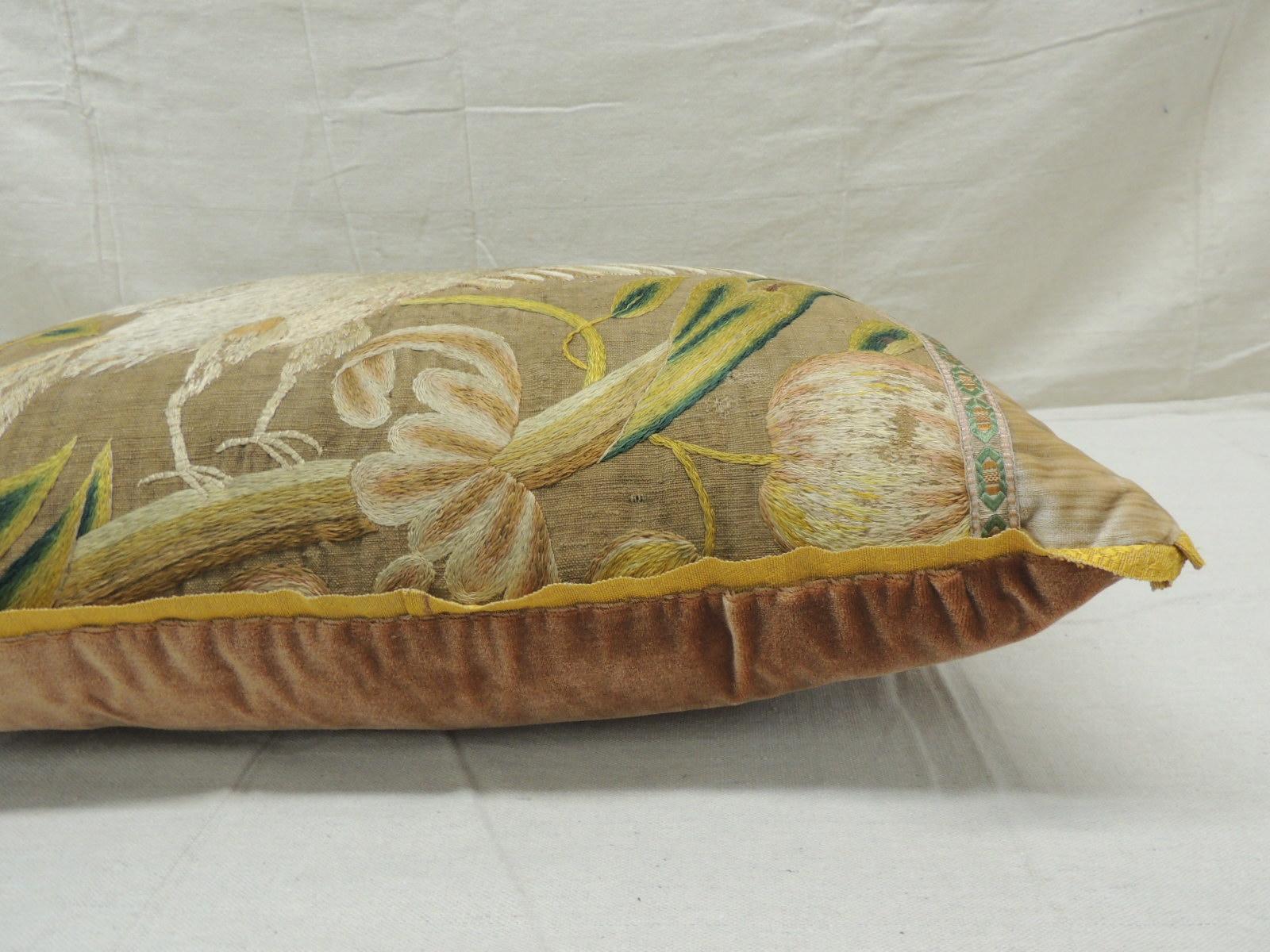 Antique Venetian Gold and Green Floral Embroidered Bolster Decorative Pillow In Good Condition In Oakland Park, FL