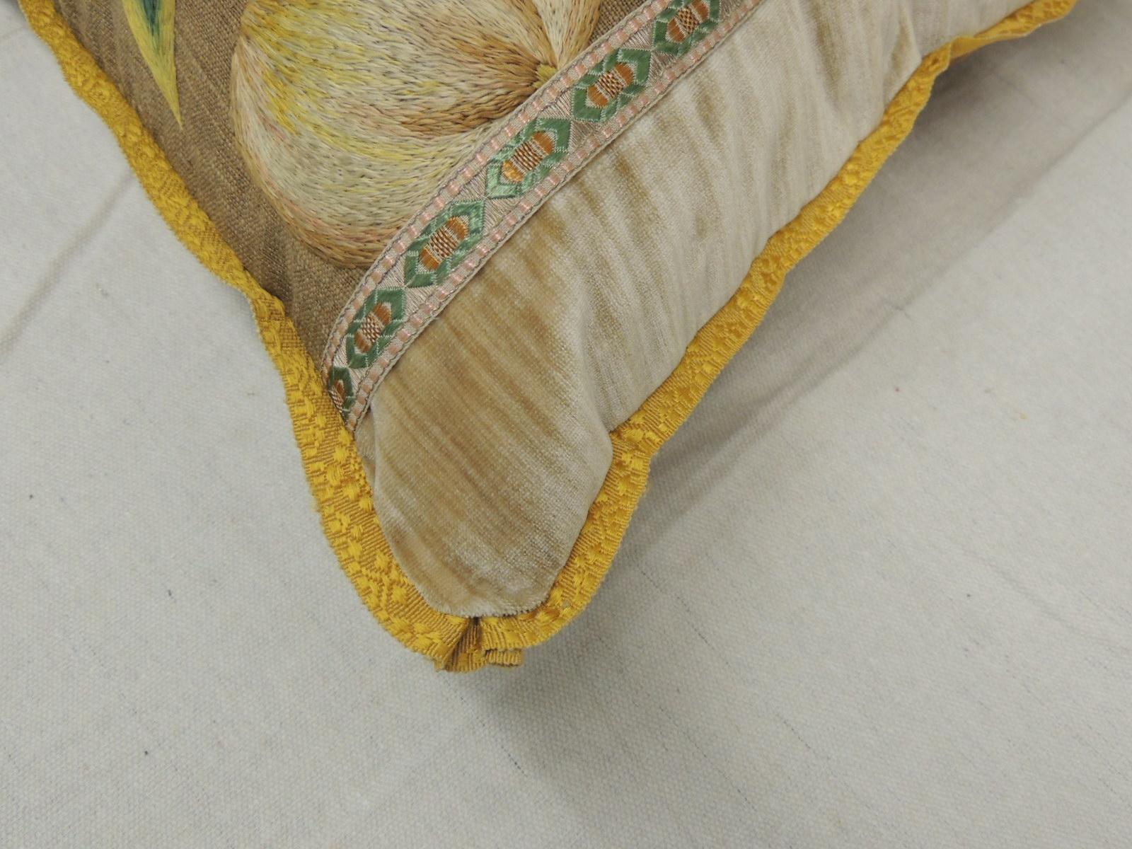 19th Century Antique Venetian Gold and Green Floral Embroidered Bolster Decorative Pillow