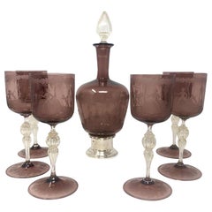 Antikes venezianisches handgeätztes lila Glas-Wein-Dekanter-Set mit Gorham-Sterling-Sockel