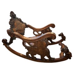 Antique Venetian Italian Circa 1850 Carved Fruitwood Leather Rocking Armchair