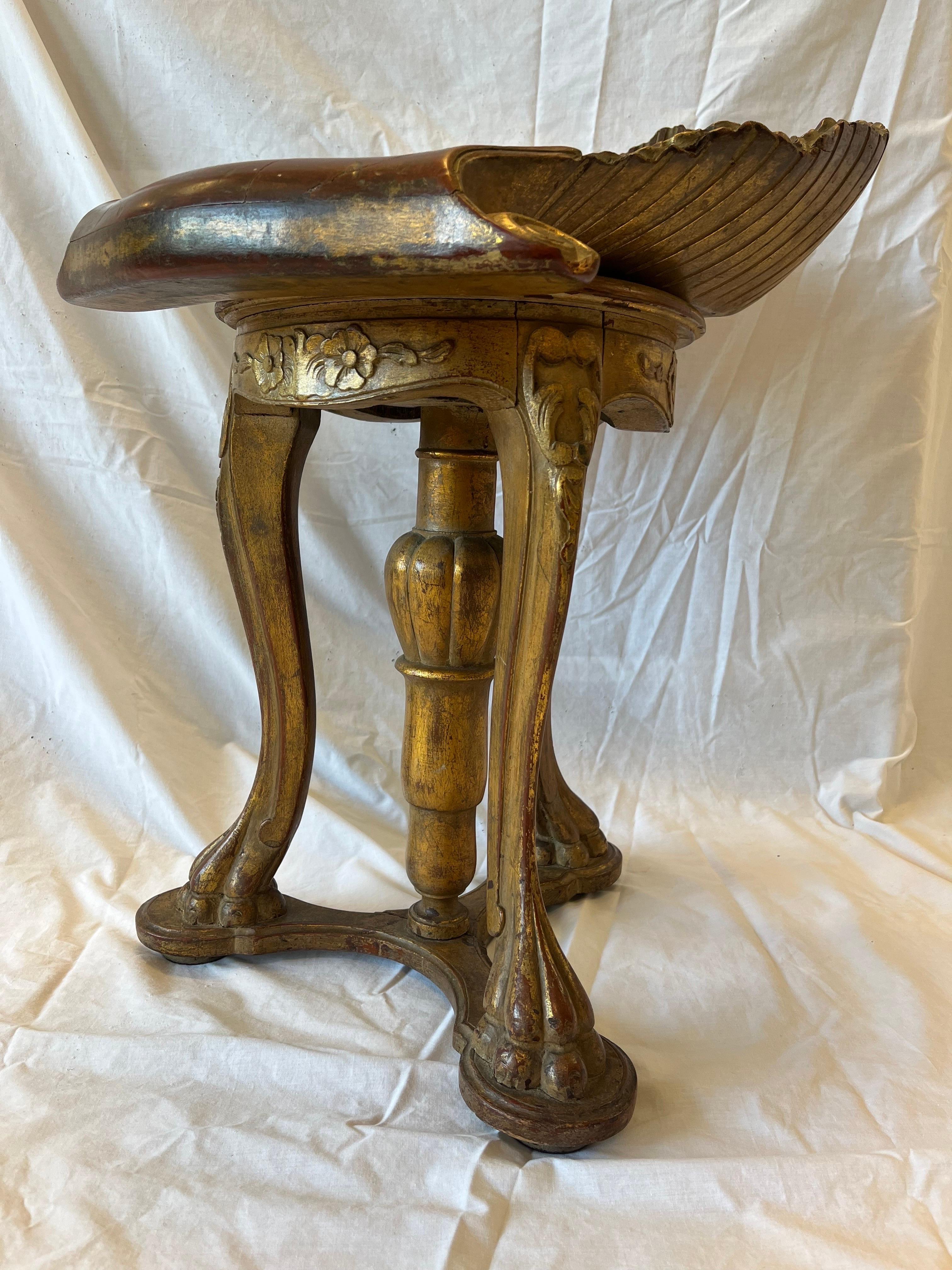 Antique Venetian Italian Grotto Piano Stool Carved Gold Gilt Shell Rocaille Seat 10
