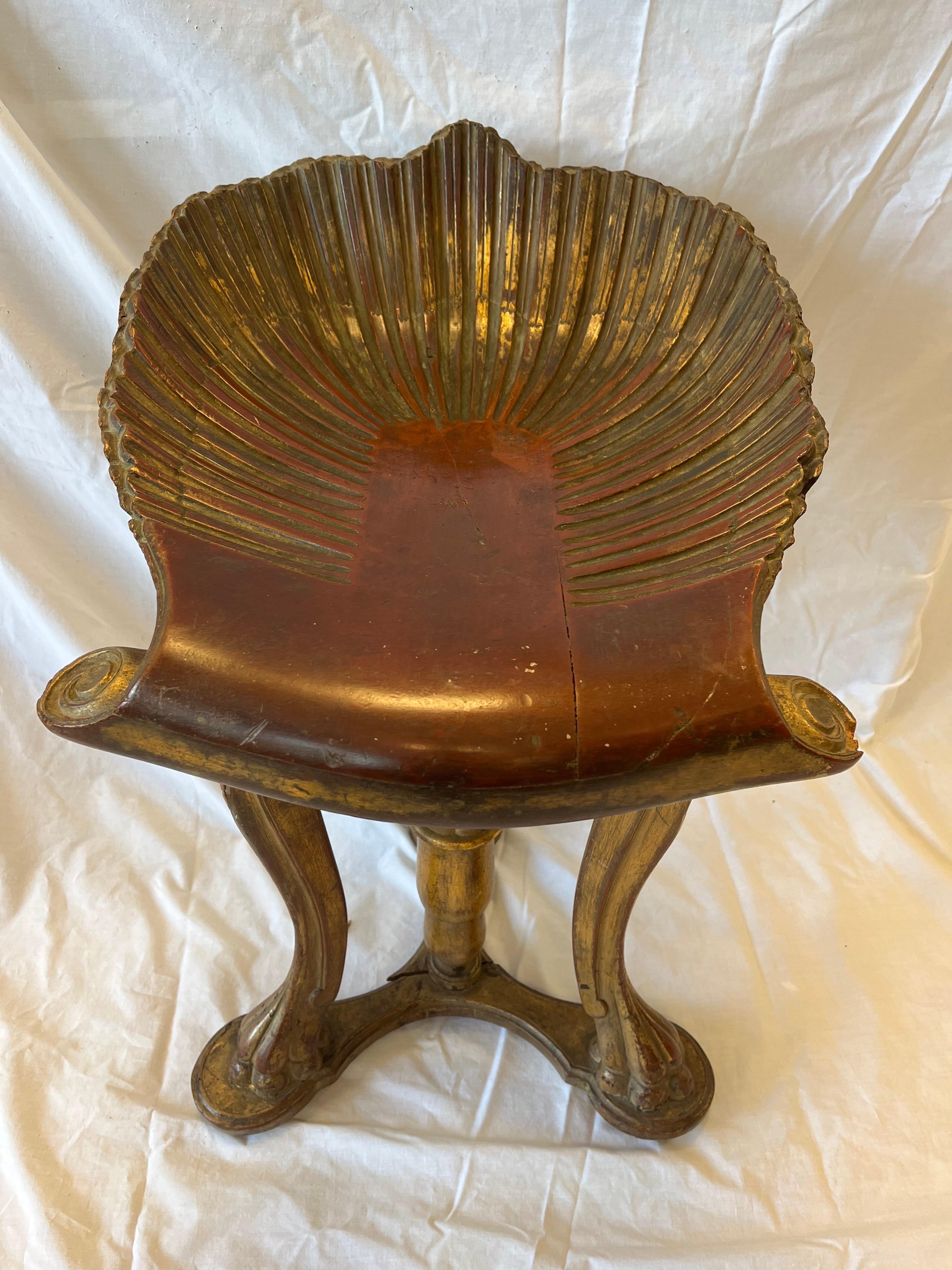 Rococo Antique Venetian Italian Grotto Piano Stool Carved Gold Gilt Shell Rocaille Seat
