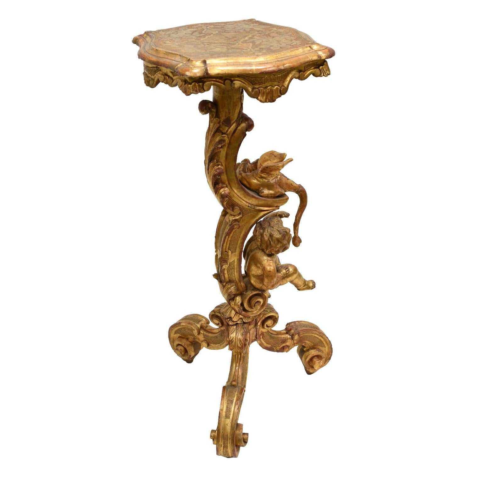 Antique Venetian Trespolo Pedestal Stand in Gilded Wood w/ Carved Dragon & Putto 4
