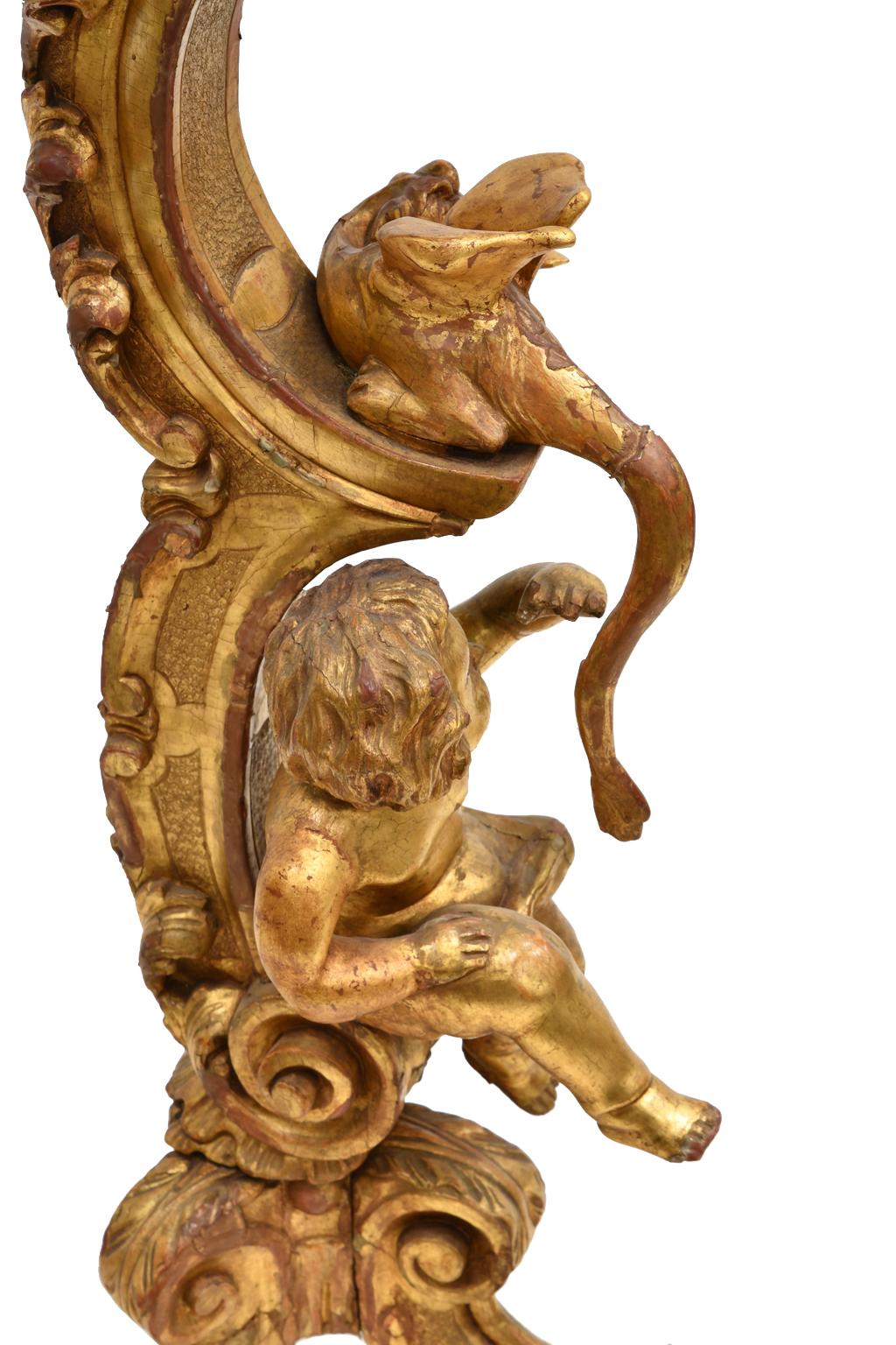 Antique Venetian Trespolo Pedestal Stand in Gilded Wood w/ Carved Dragon & Putto 5