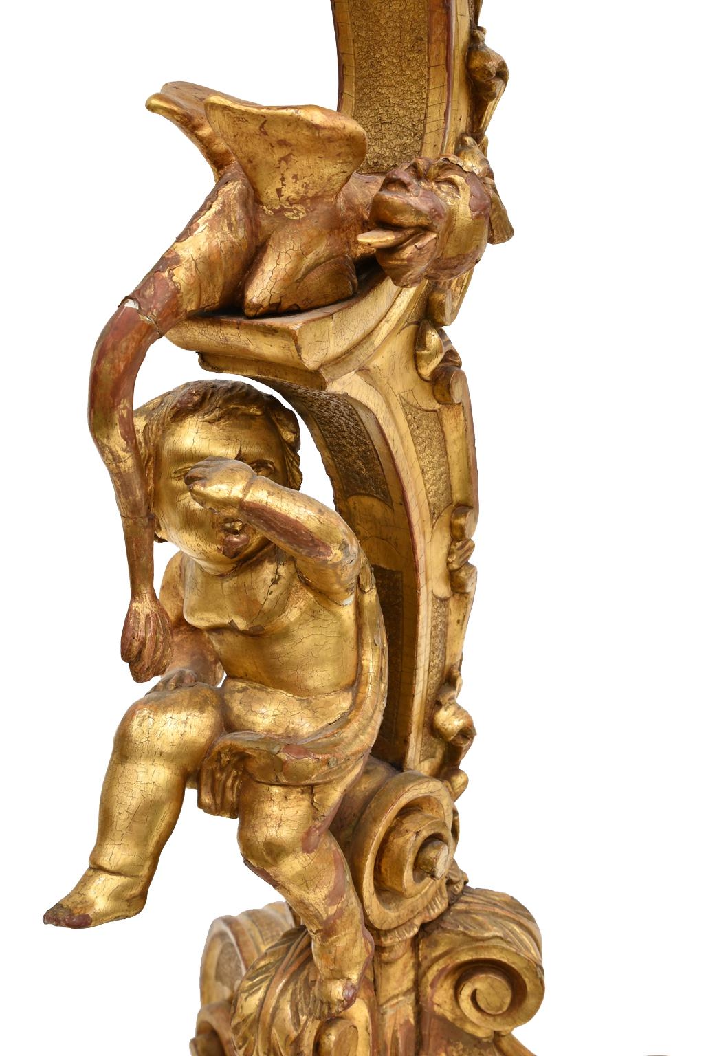 Antique Venetian Trespolo Pedestal Stand in Gilded Wood w/ Carved Dragon & Putto 10