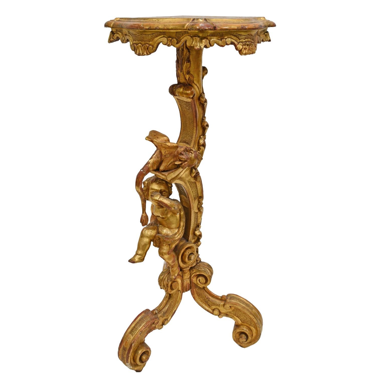 Baroque Antique Venetian Trespolo Pedestal Stand in Gilded Wood w/ Carved Dragon & Putto
