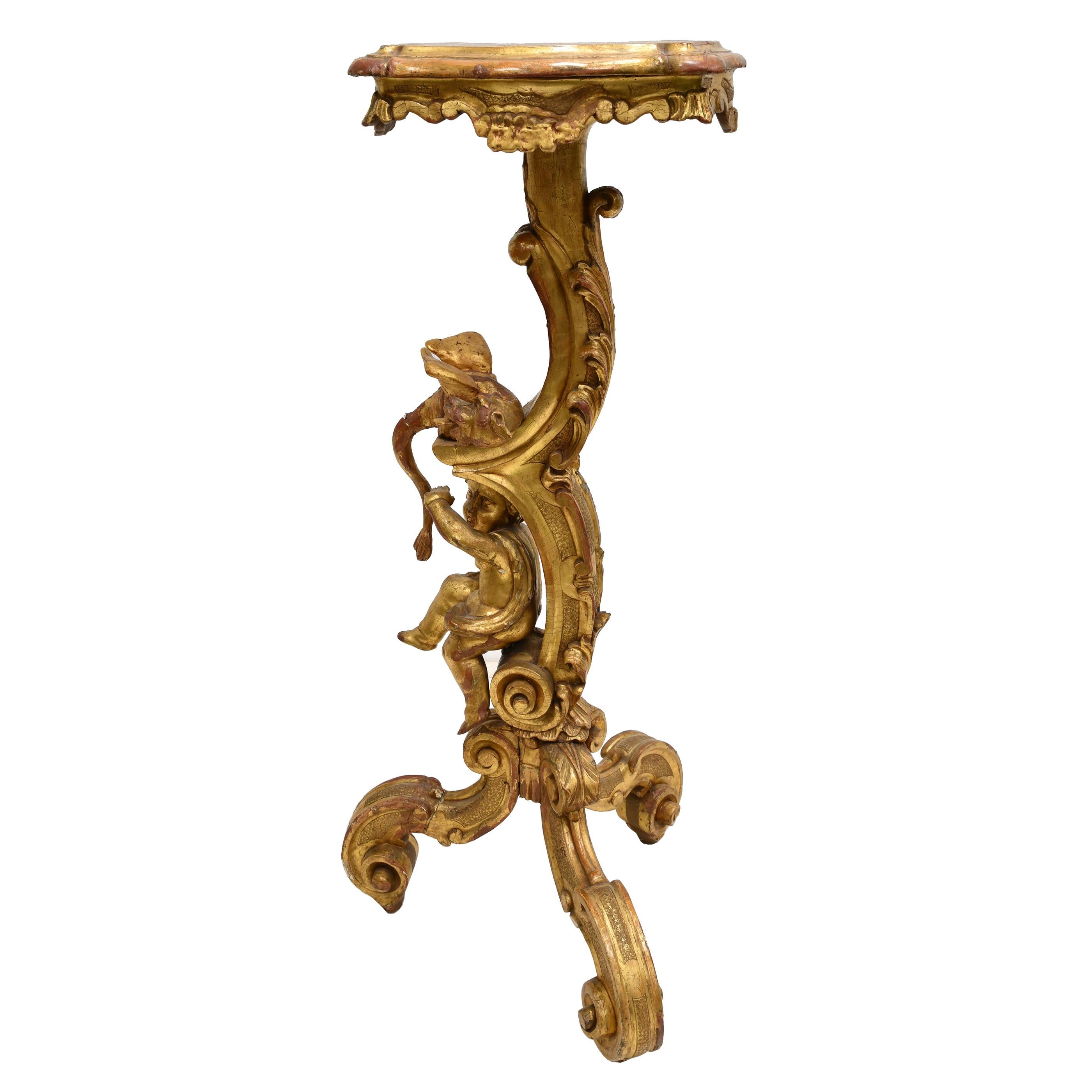 Italian Antique Venetian Trespolo Pedestal Stand in Gilded Wood w/ Carved Dragon & Putto