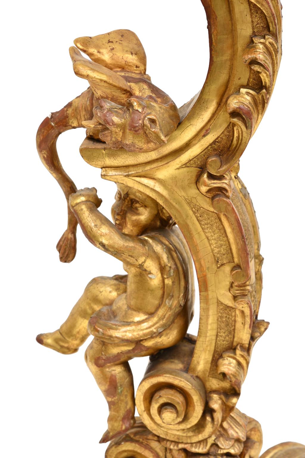 Hand-Carved Antique Venetian Trespolo Pedestal Stand in Gilded Wood w/ Carved Dragon & Putto