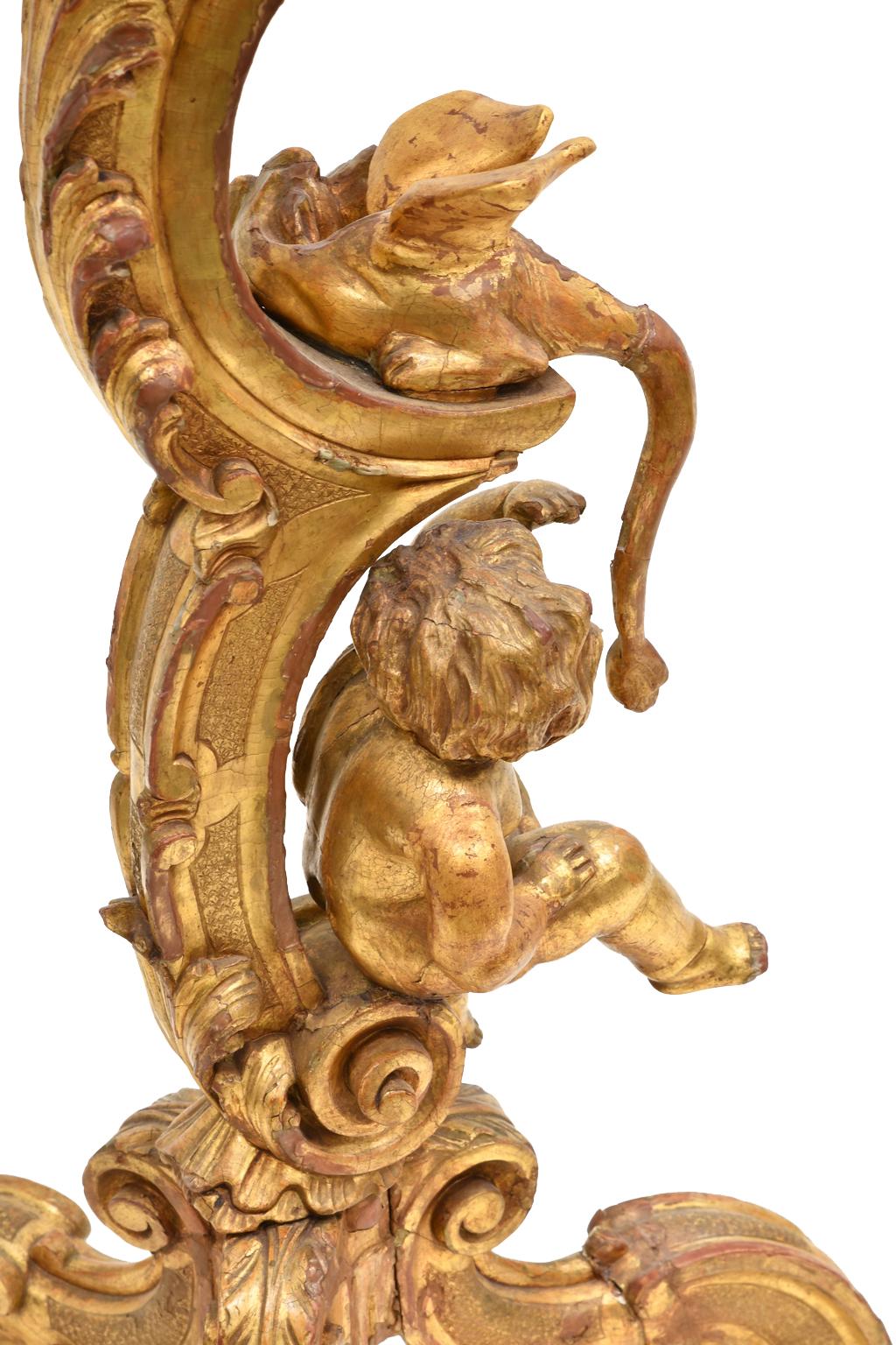 19th Century Antique Venetian Trespolo Pedestal Stand in Gilded Wood w/ Carved Dragon & Putto