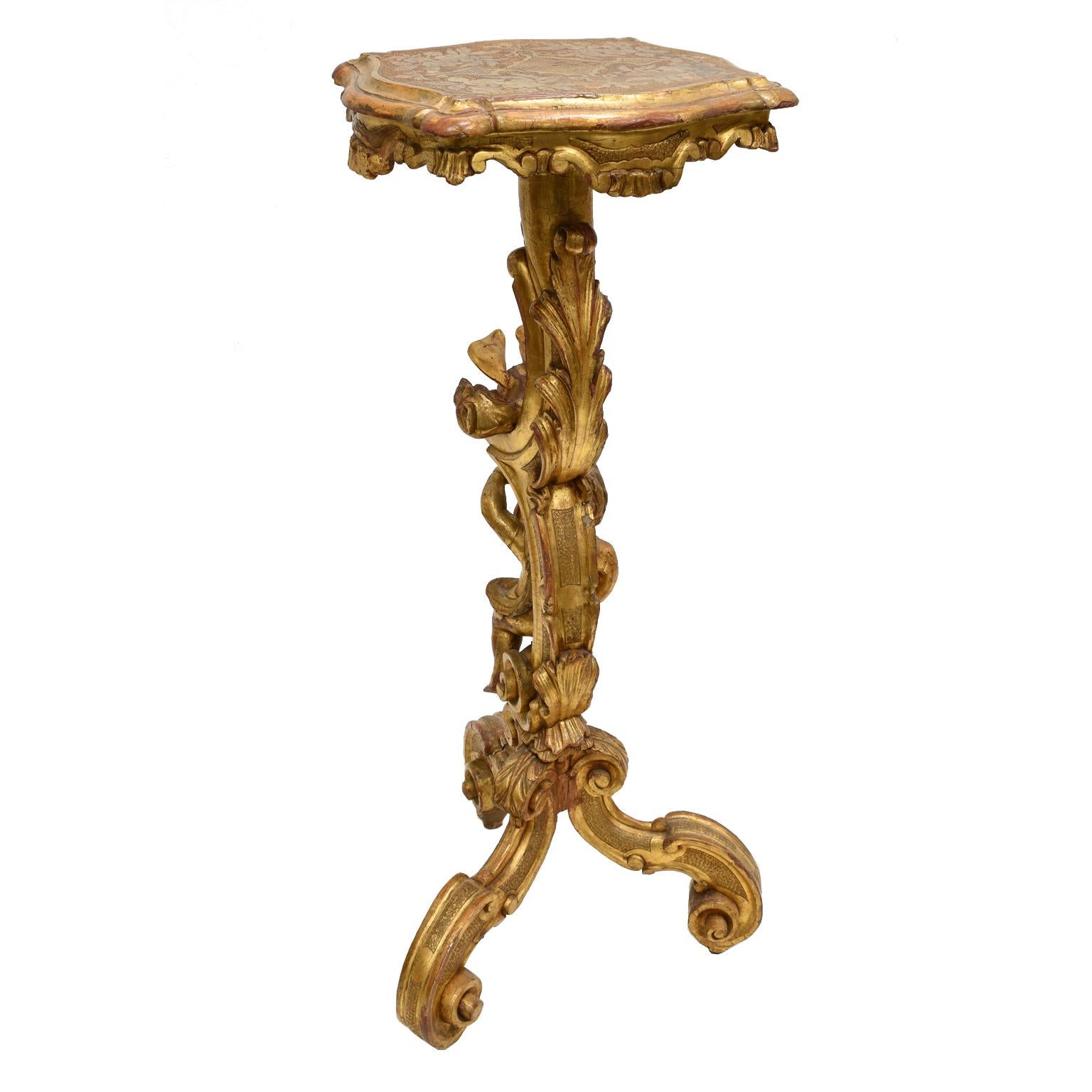 Gesso Antique Venetian Trespolo Pedestal Stand in Gilded Wood w/ Carved Dragon & Putto