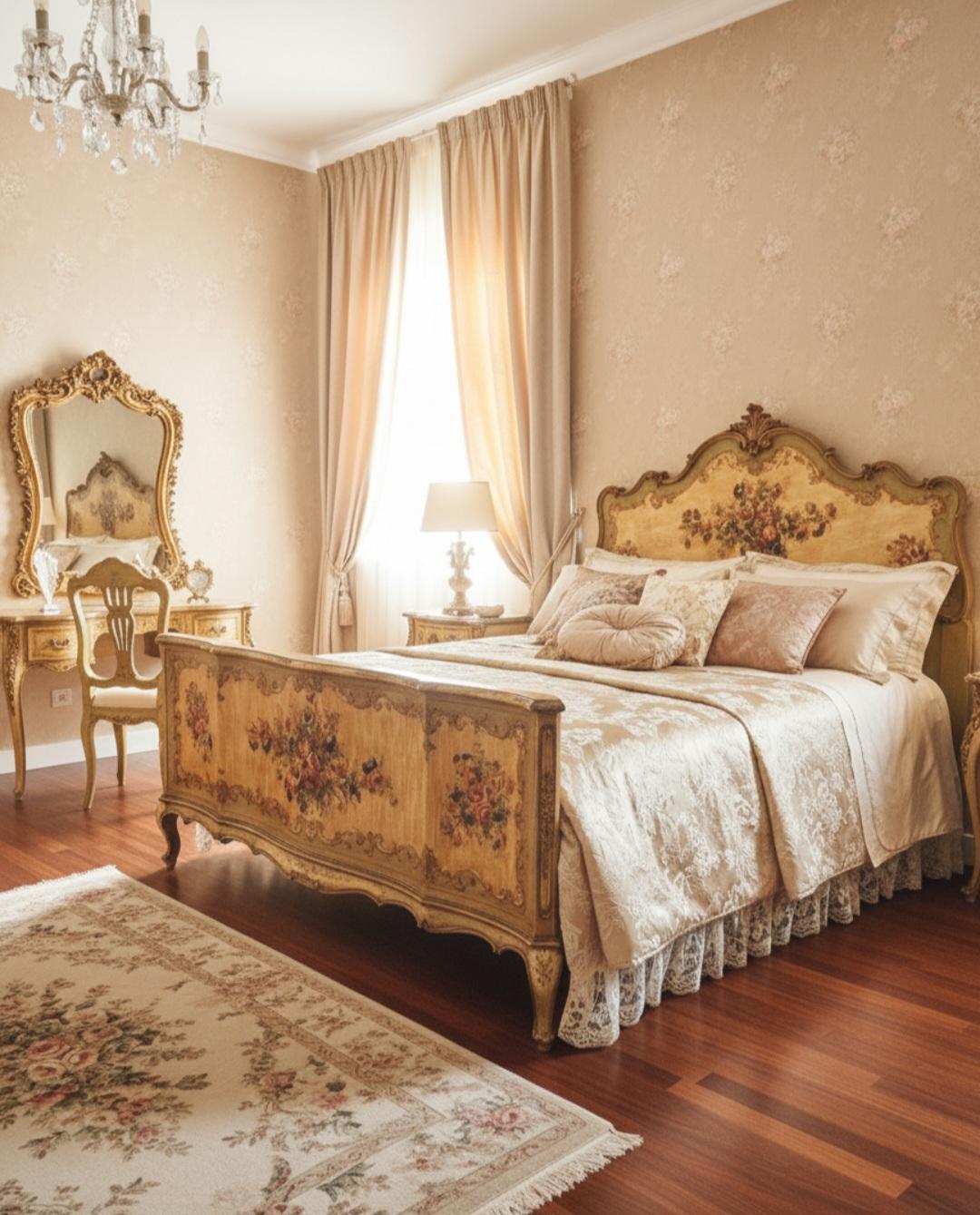 Bois Lit et chaise vénitiens anciens de grande taille en vente