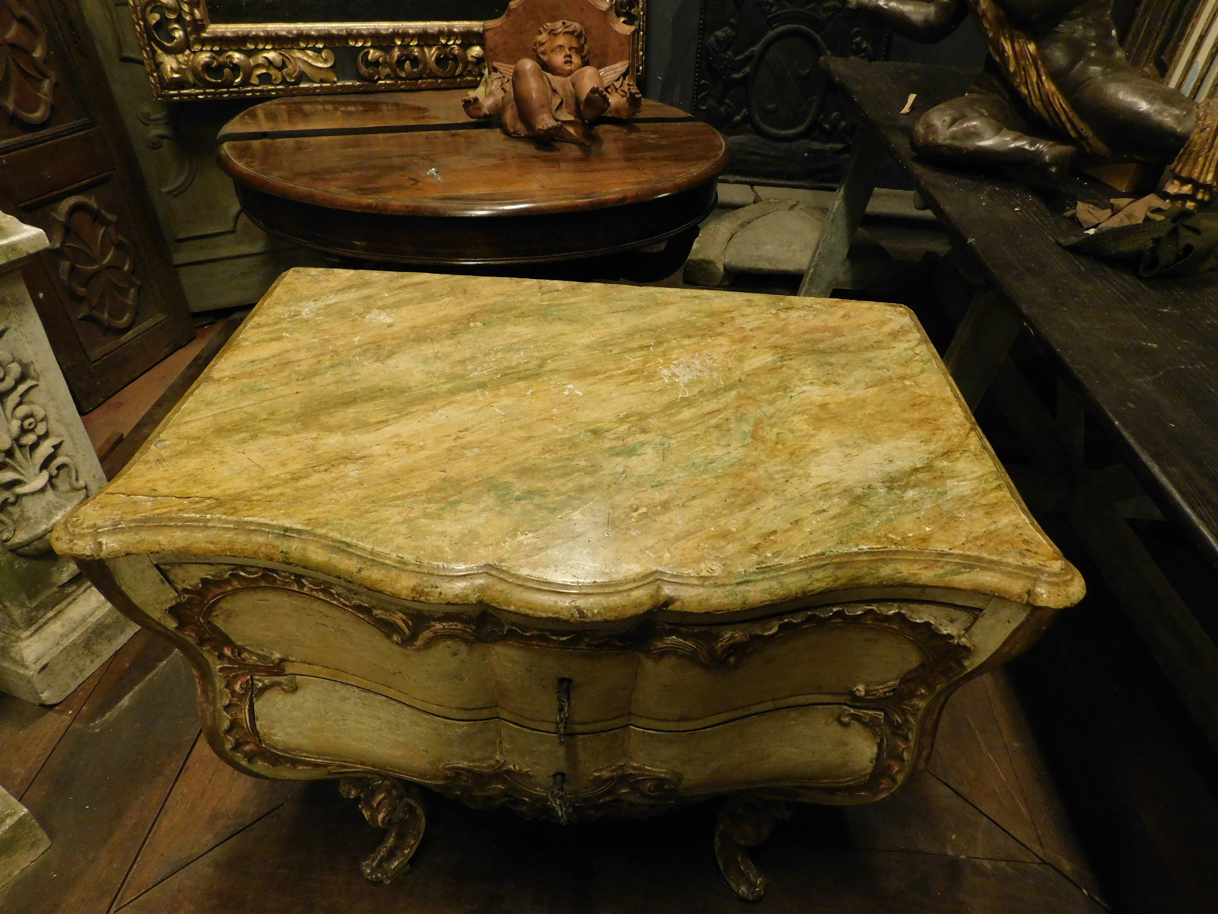 Hand-Carved Antique Venetian lacquered and gilded chest of drawers, richly carved, Italy For Sale