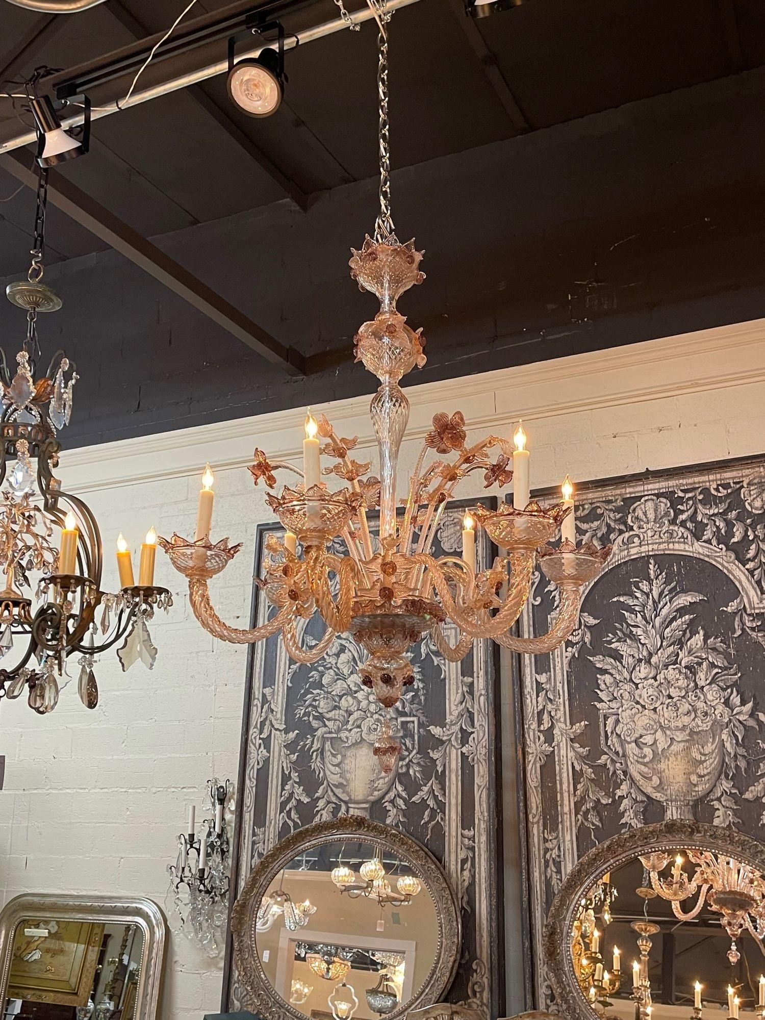 Gorgeous antique lavendar venetian chandelier with 6 lights. Featuring beautiful textured glass and floral details. Stunning!!