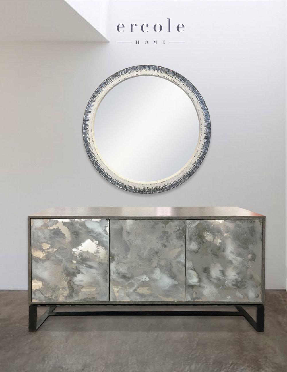 What makes this piece special is the combination of the Antique mirror front doors inserted in a wood case and the forged metal base.
Inspired by the Antique Venetian and French mirror furniture, this piece is a modern interpretation by Ercole