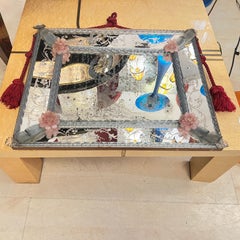 Antiguo Espejo Veneciano Grabado con Flores de Pasta de Cristal de Murano Rosa, Década de 1880