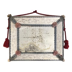 Antique Venetian Mirror Engraved with Pink Murano Glass Paste Flowers, 1880s