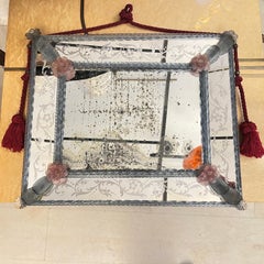 Antique Venetian Mirror Engraved with Pink Murano Glass Paste Flowers, 1880s Antique Venetian Mirror Engraved with Pink Murano Glass Paste Flowers, 1880s