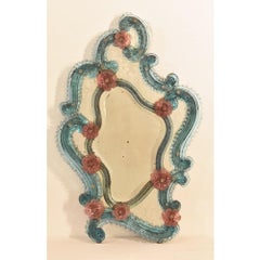 Antique Venetian Mirror, Glass Frame with Flowers, Murano, Early XX Century