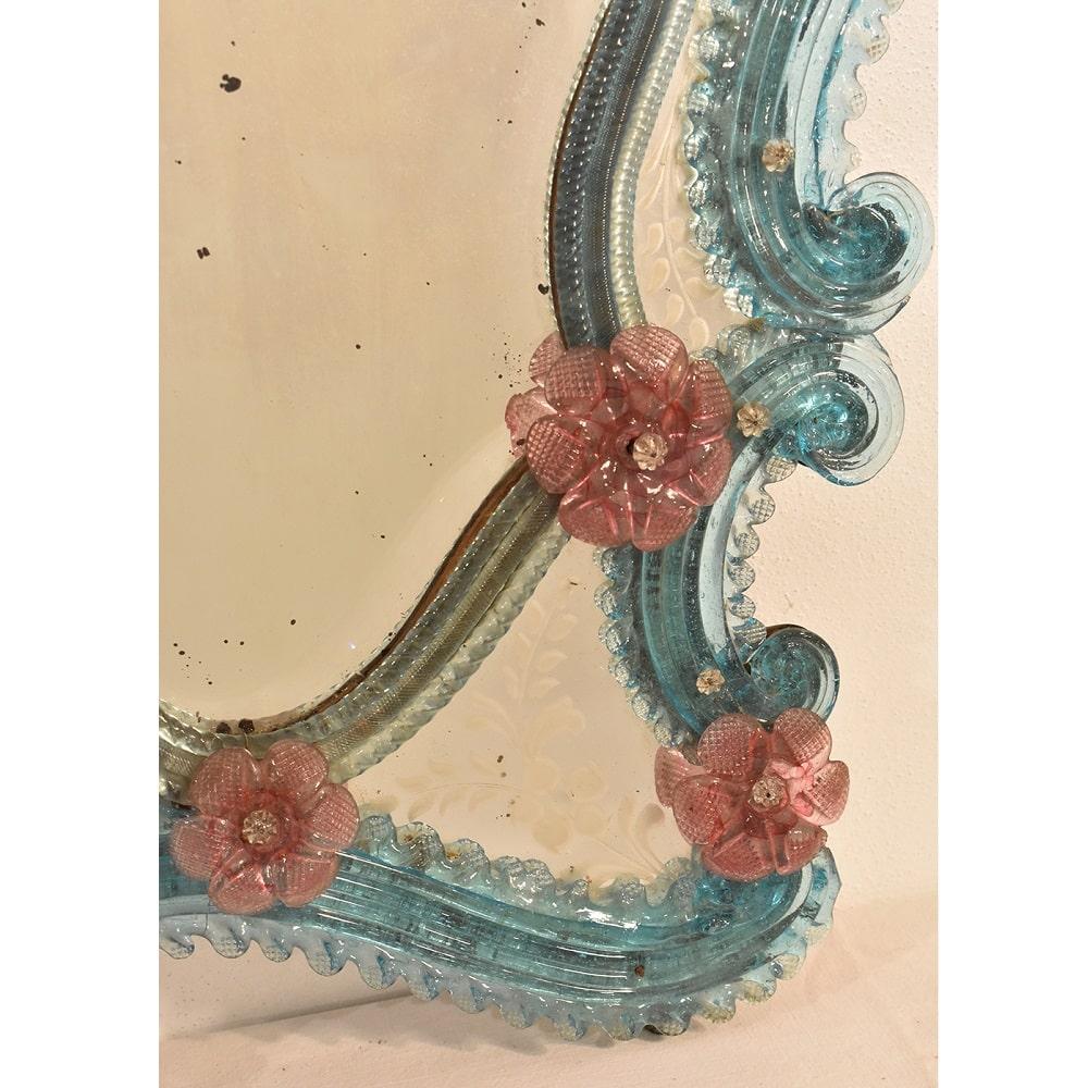 20th Century Antique Venetian Mirror, Glass Frame with Flowers, Murano, Early XX Century