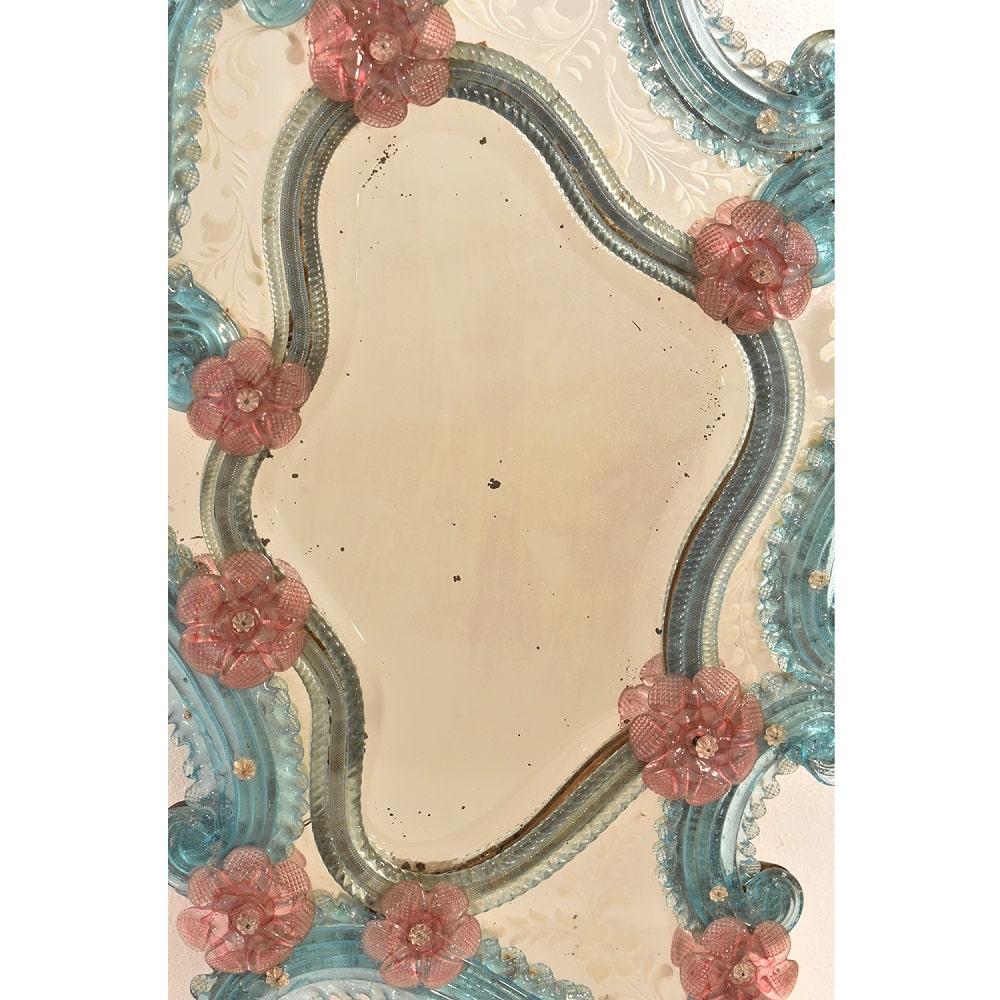 Antique Venetian Mirror, Glass Frame with Flowers, Murano, Early XX Century 3