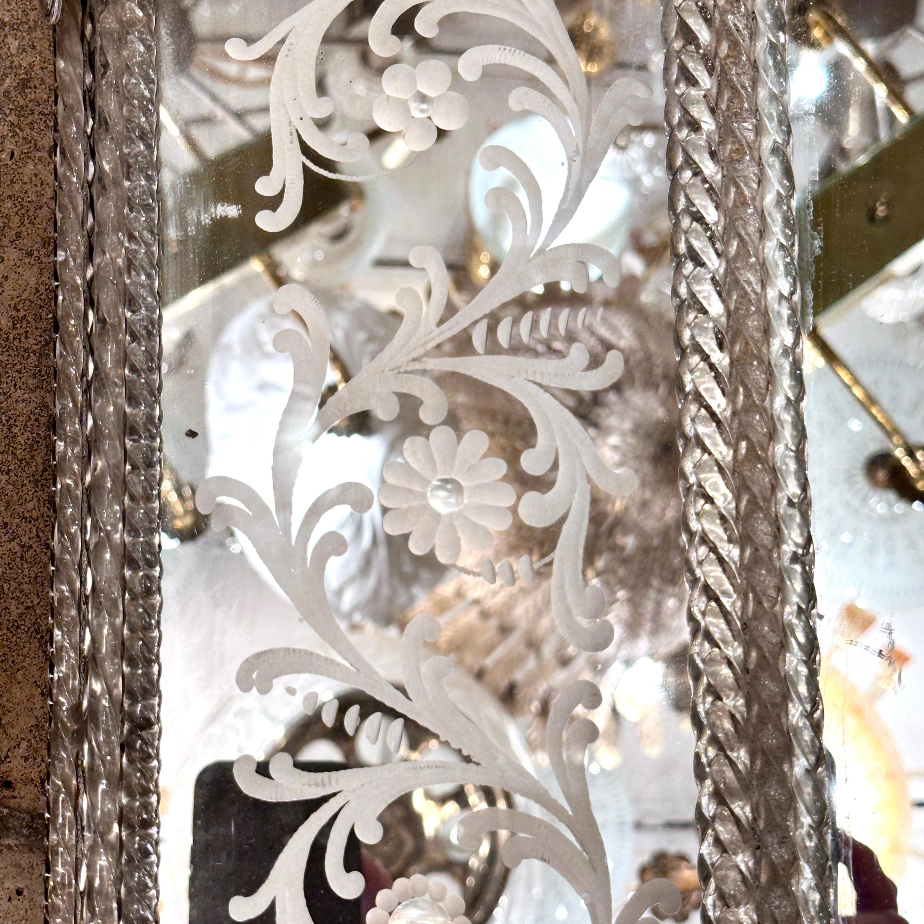Blown Glass Antique Venetian Mirror with Etched Frame  For Sale