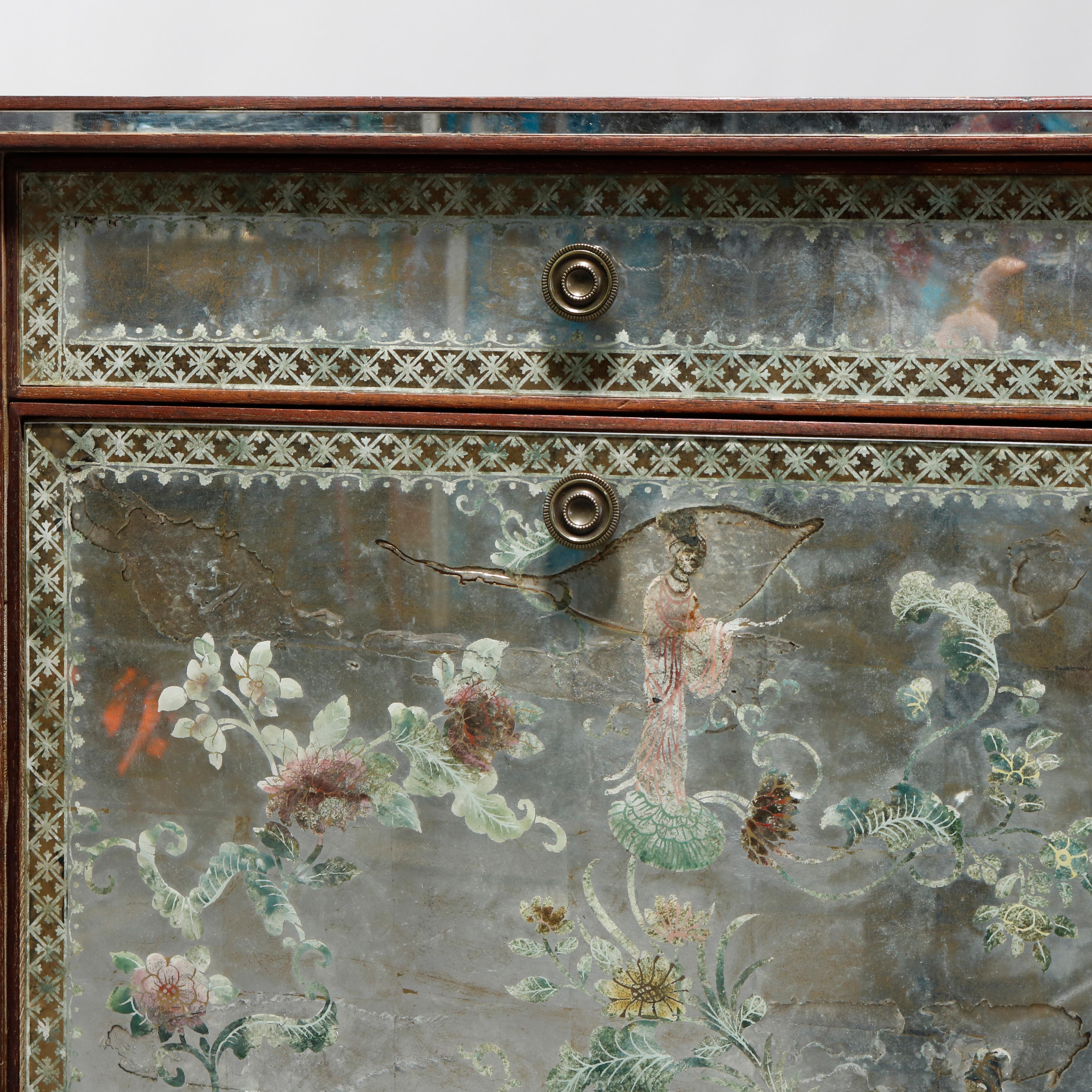 An antique Venetian portfolio side stand offers mirrored facing with Chinoiserie hand painted and gilt garden scene with flowers and Geisha girls, stand with upper drawer over portfolio pull-out compartment, 20th century

Measures: 30.25