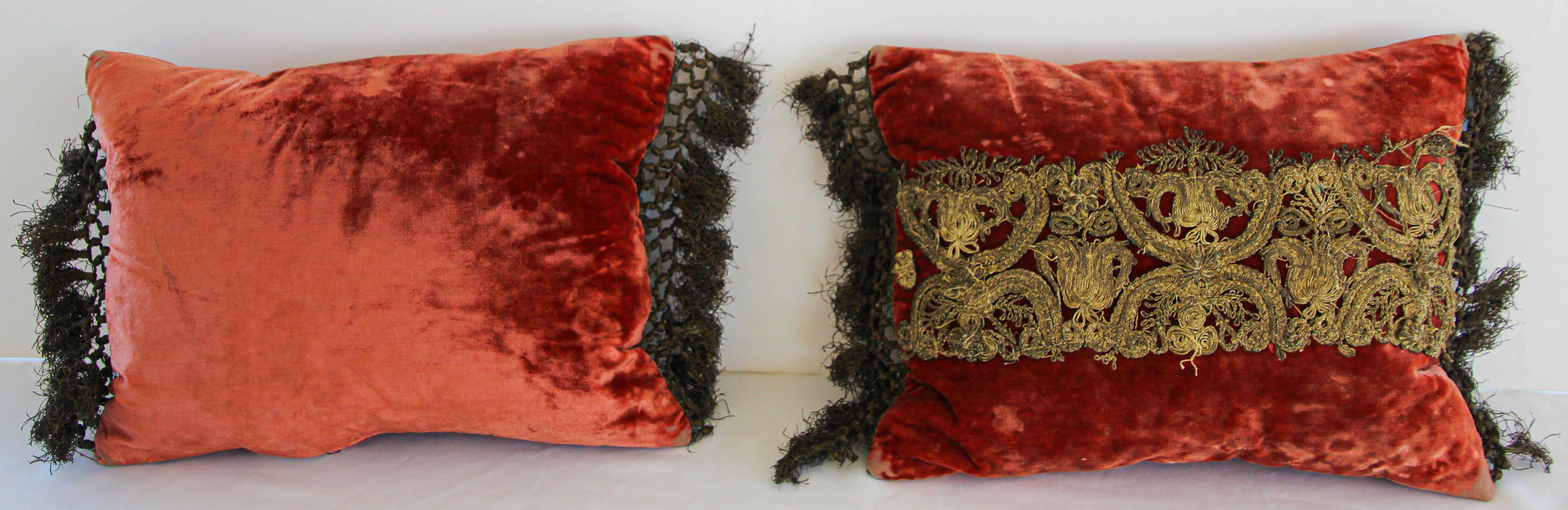 Pair of burnt orange Moorish silk velvet pillow hand with gold threads.
Handcrafted Antique Venetian luxury throw pillows with raised metallic applique on burnt orange copper silk velvet.
Antique burnt orange silk velvet applique small decorative