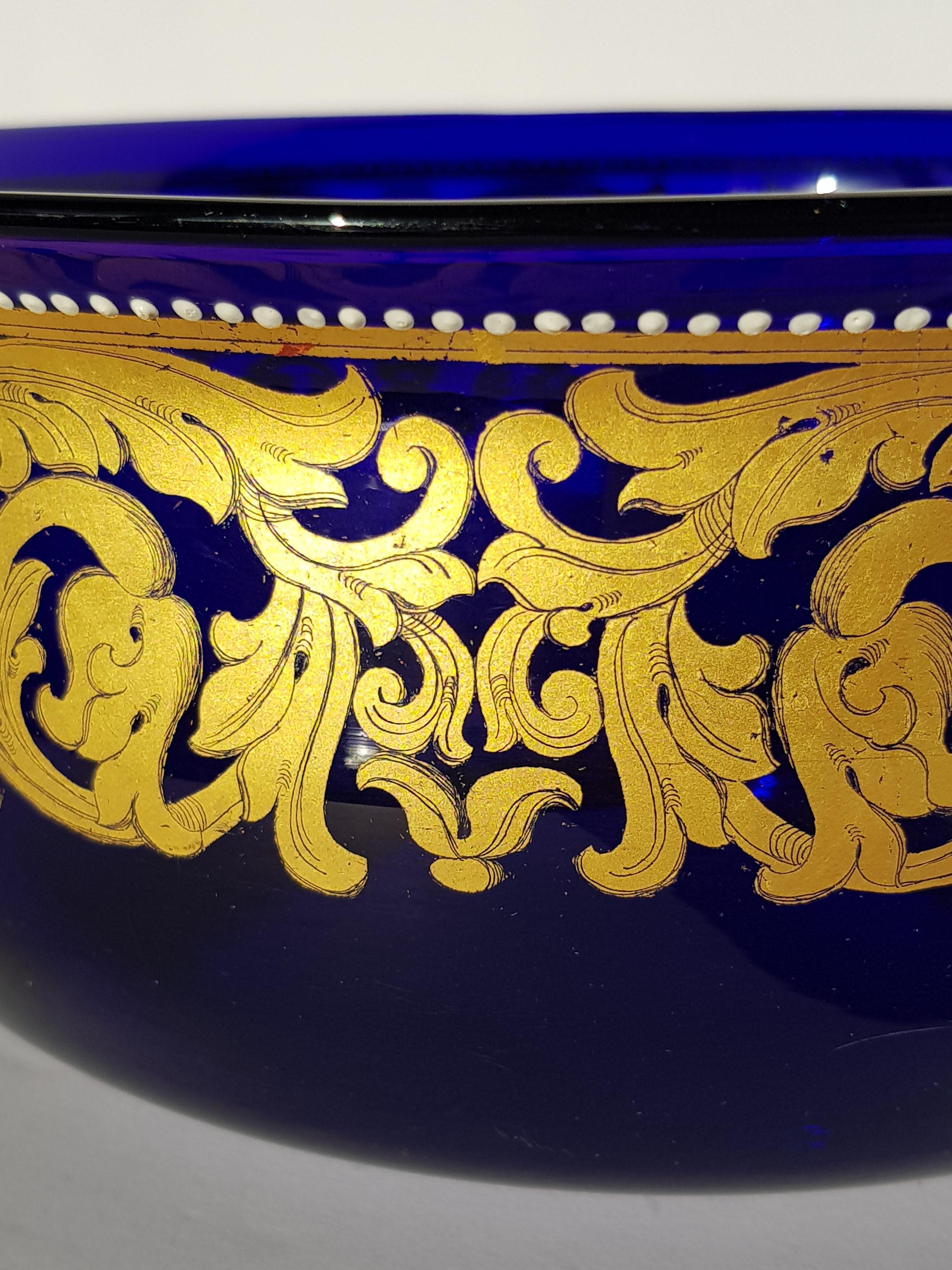 Antique Venetian Murano Art Glass Bowl Centerpiece Gold Enamelled Blue Baroque For Sale 9