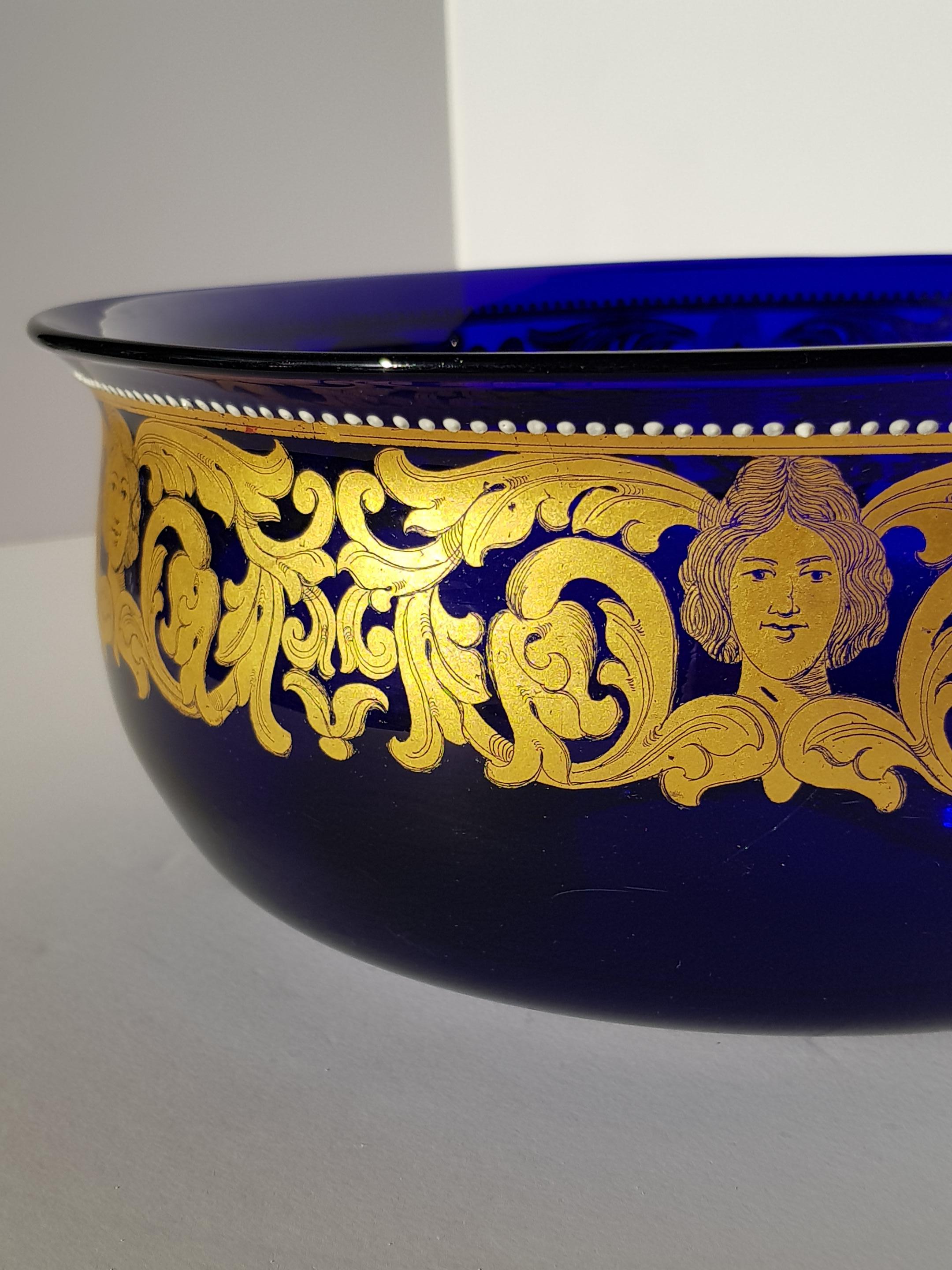 Antique Venetian Murano Art Glass Bowl Centerpiece Gold Enamelled Blue Baroque For Sale 10